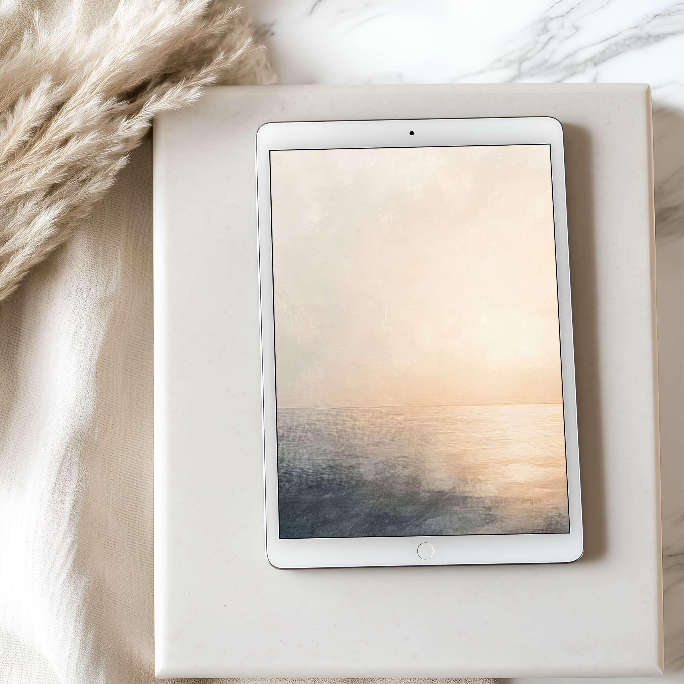 Serene tablet wallpaper depicting a soft sunrise over the ocean in a curated, high-resolution style, ideal for iPad or Android