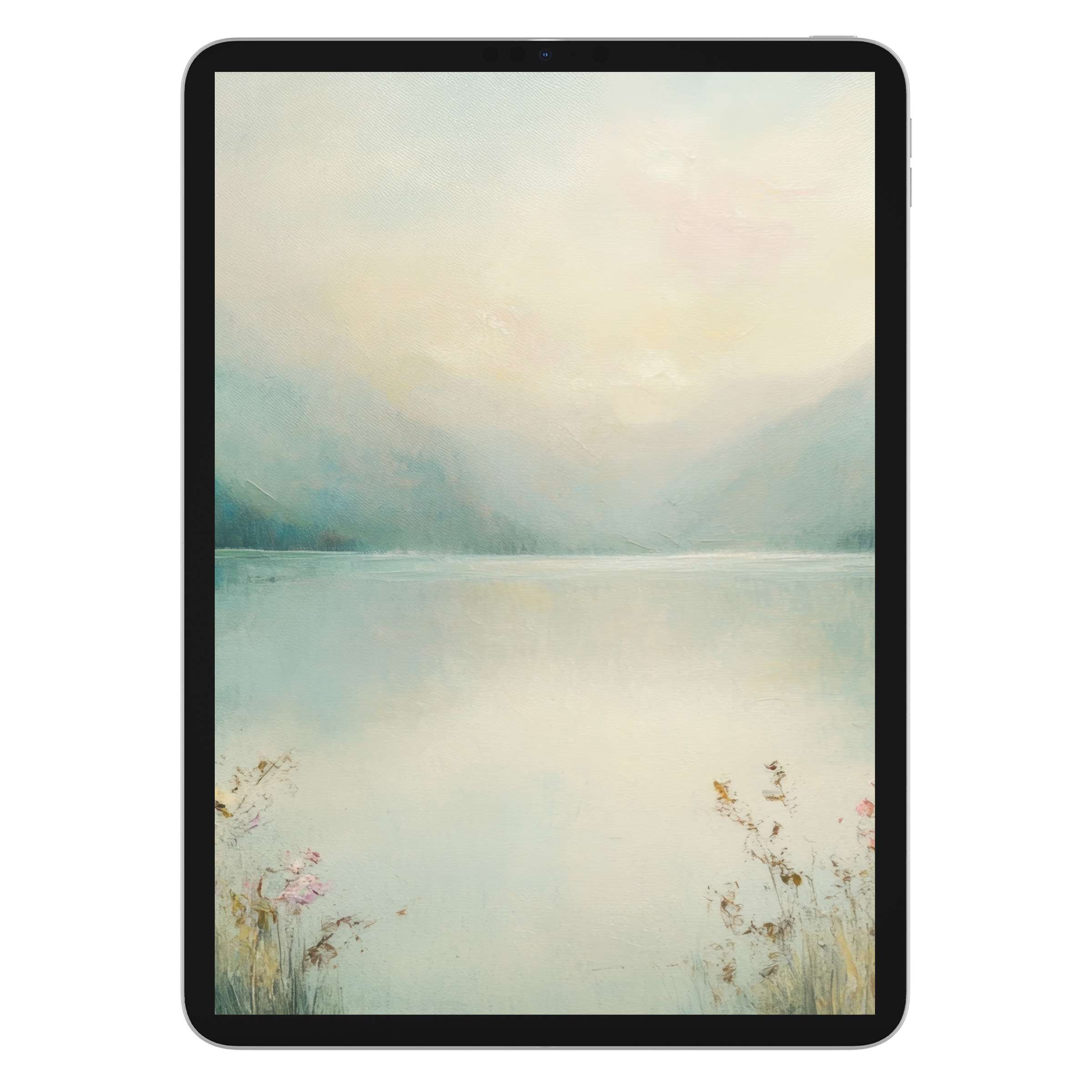 Serene landscape summer iPad wallpaper, with soft pastel hues offers an elegant digital download background for any tablet user