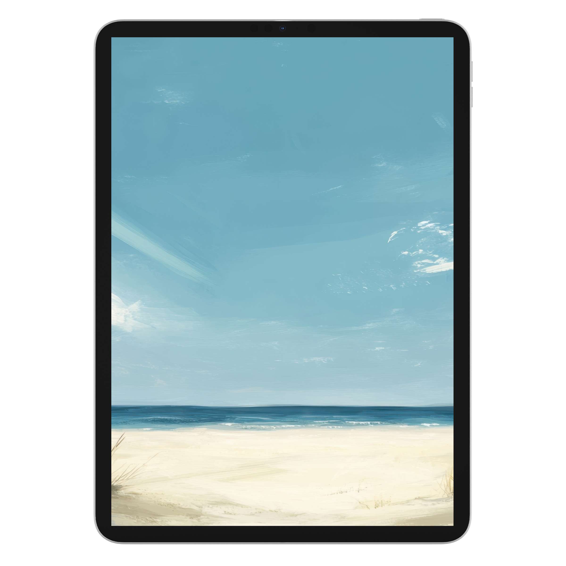 Elegant summer iPad wallpaper for digital download featuring a serene beach scene with soft blue skies perfect tablet background