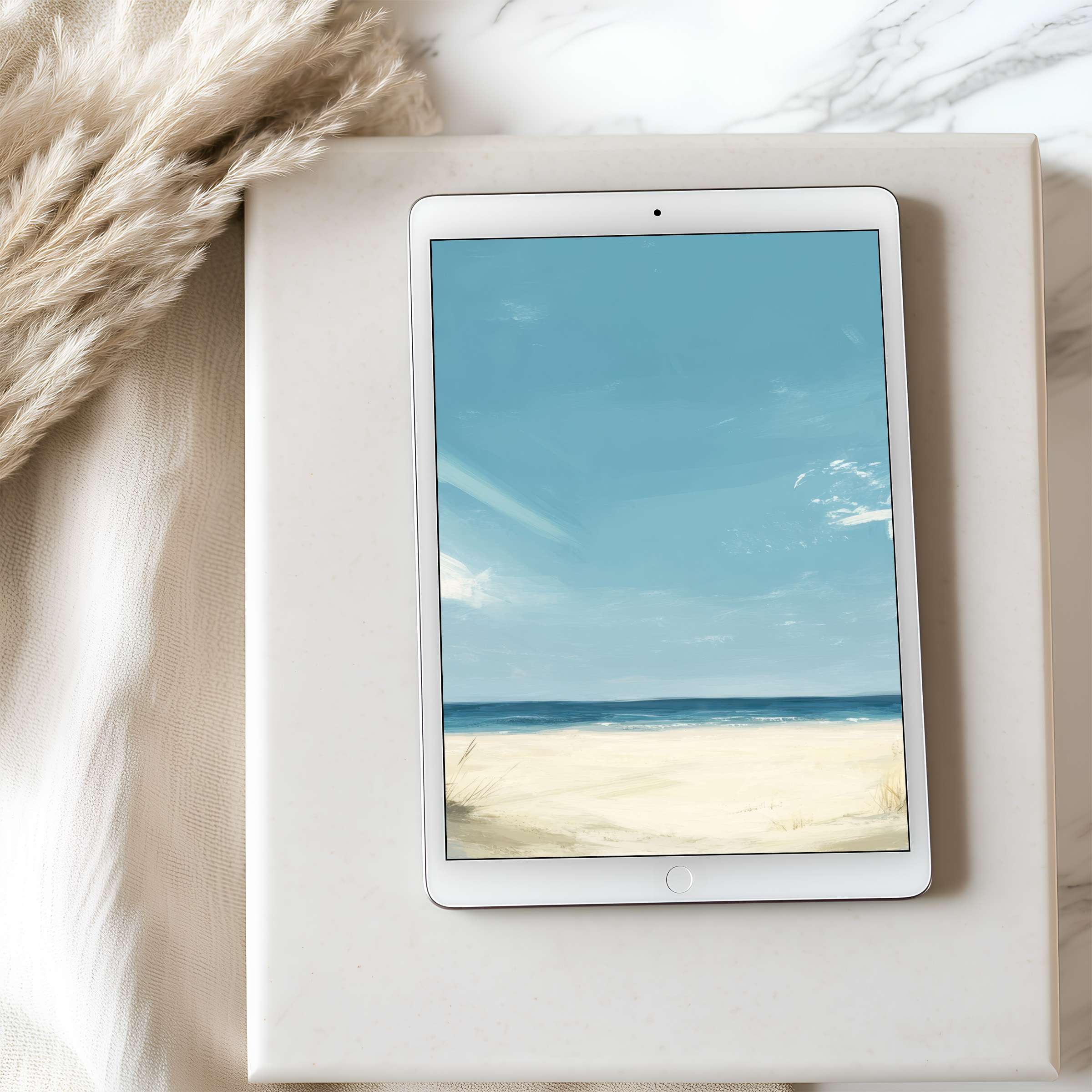 Elegant beach scene tablet wallpaper with calming blue hues for a high resolution digital download perfect for iPad or Android