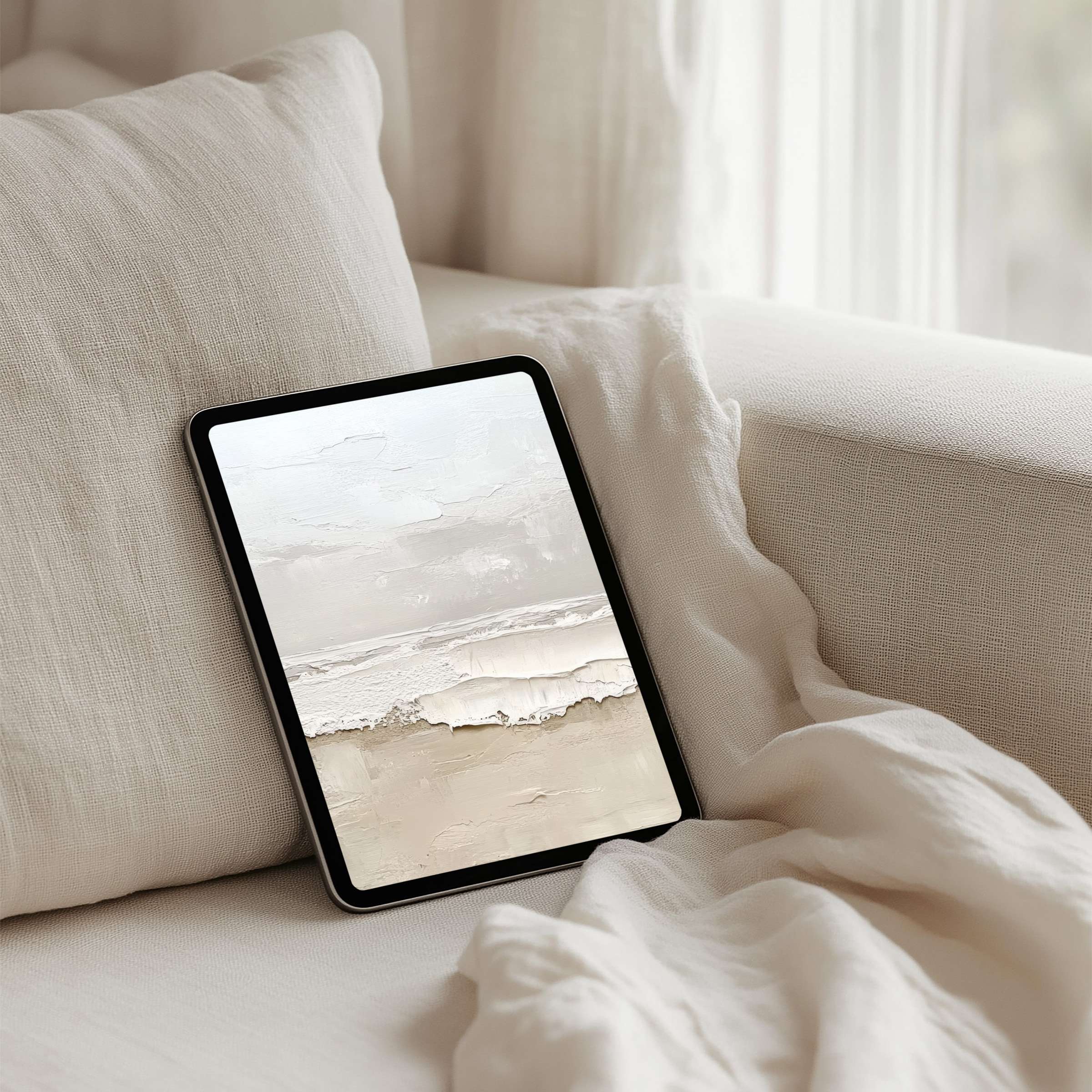 Elegant iPad background with soft, neutral textures inspires calm and mindfulness, suitable for tablet instant download use