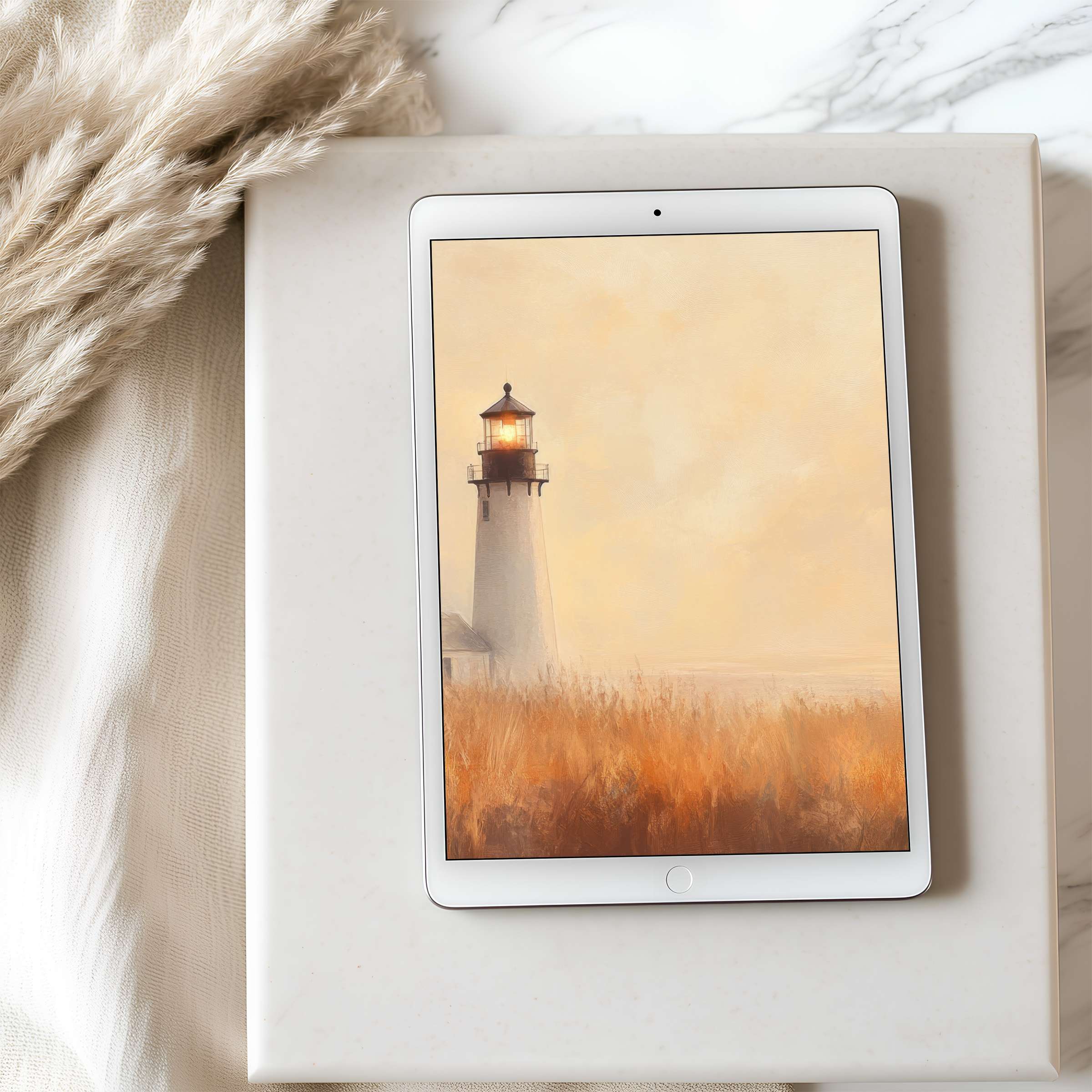 Elegant lighthouse landscape art in soft beige tones for a tablet wallpaper suitable for iPad high resolution digital download