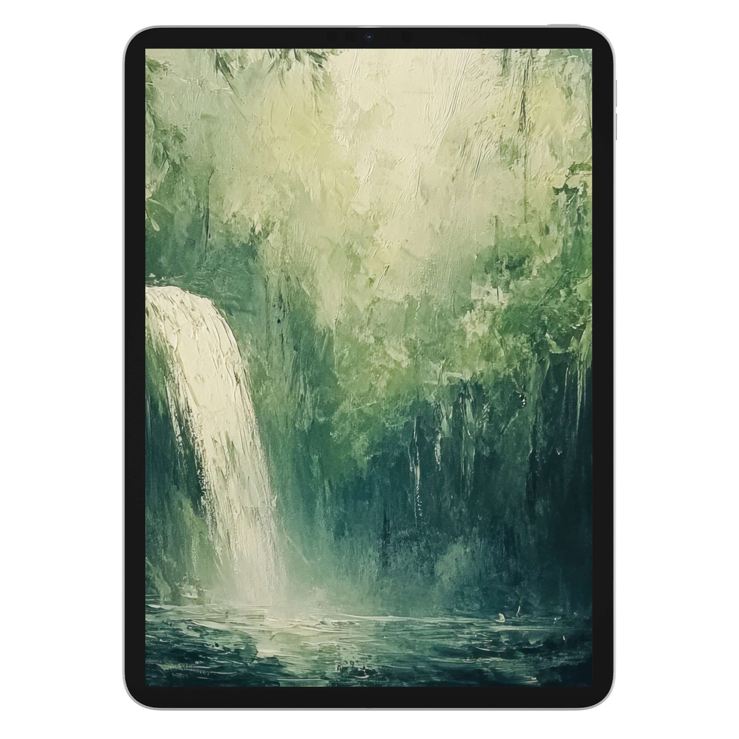 Lush greenery and serene waterfall capture tranquility in this summer iPad wallpaper digital download, ideal for any tablet background