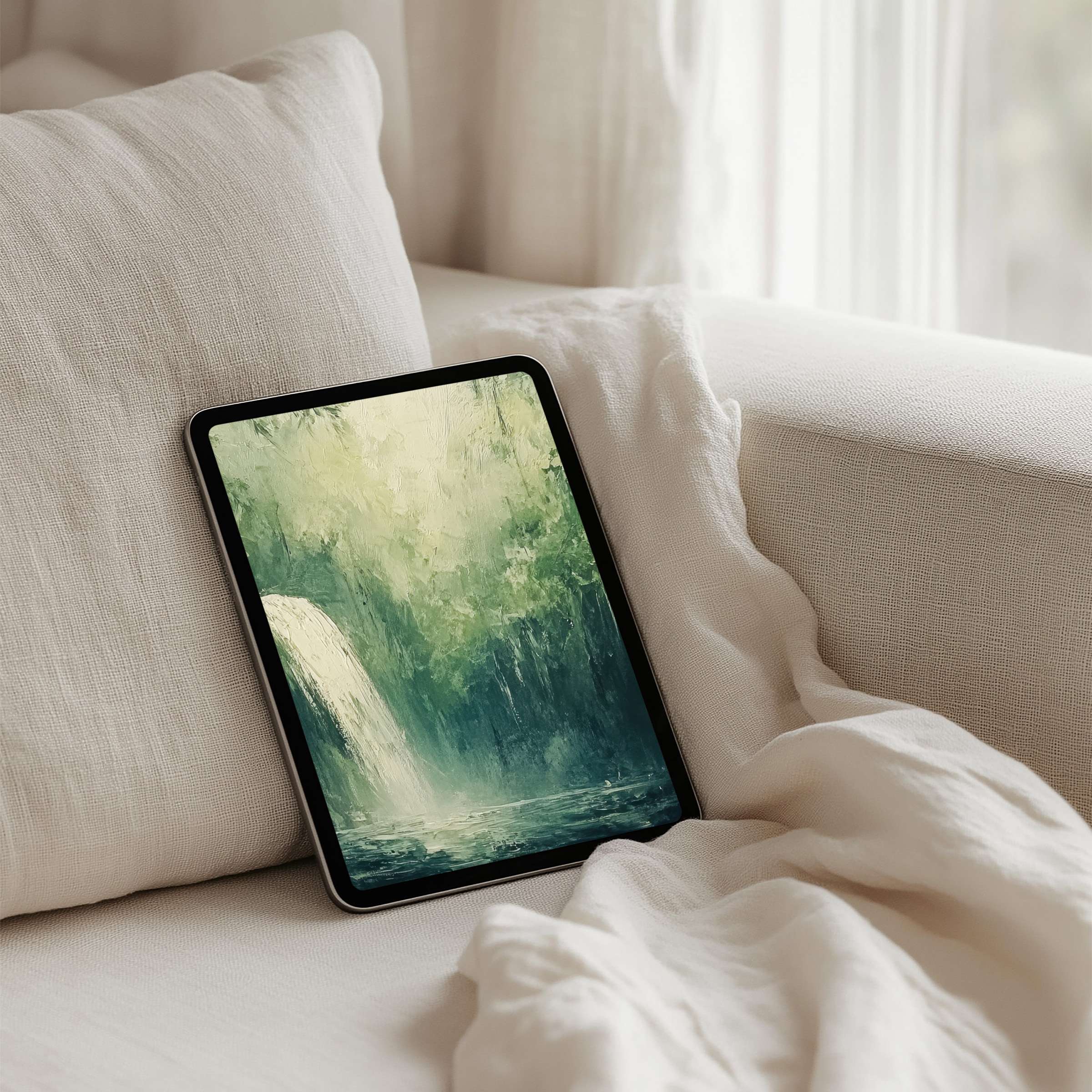 Tranquil waterfall iPad background for instant download, perfect for tablets, inspires serenity and elegance in any space