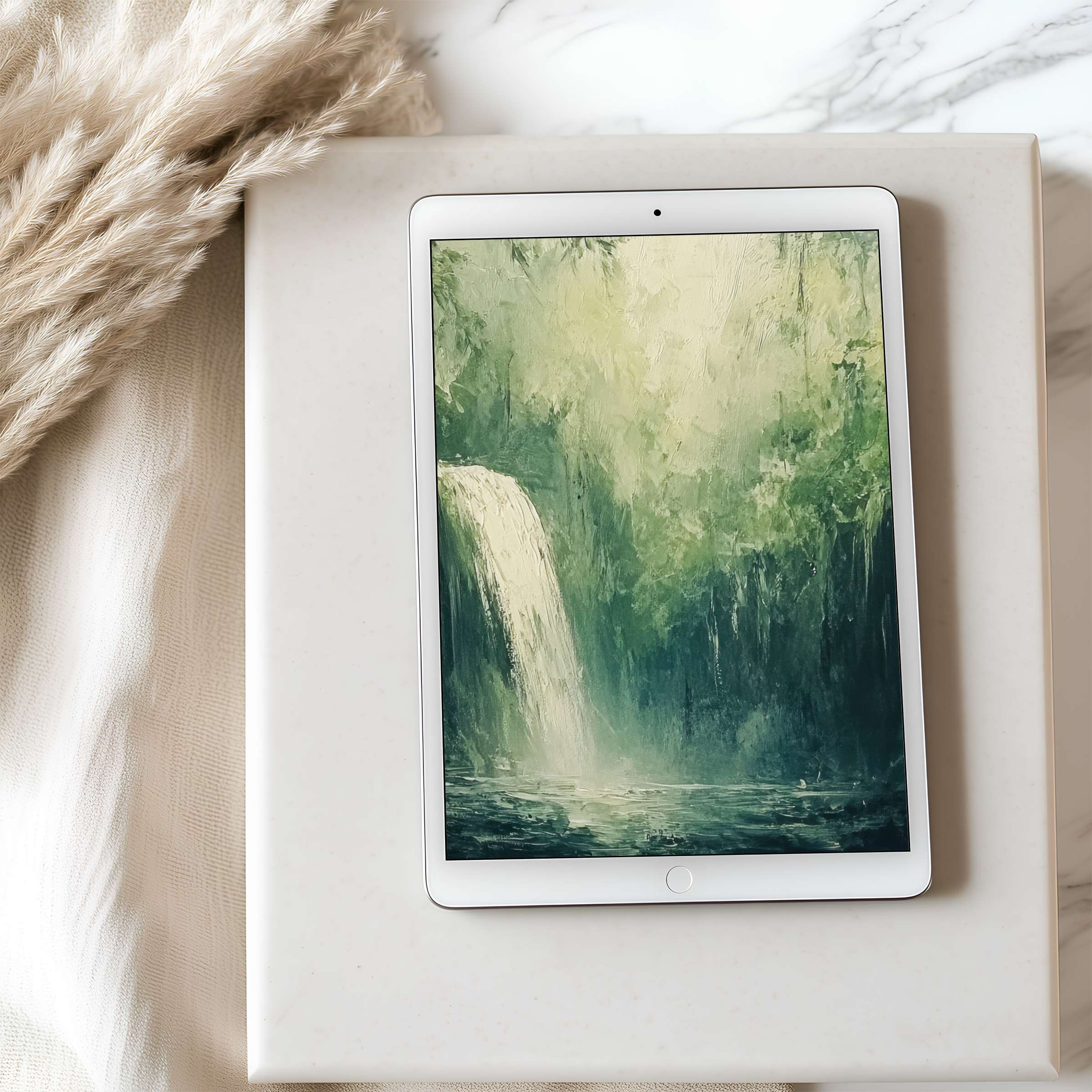Elegant tablet wallpaper showcasing a serene waterfall in lush greens, perfect for iPad and Android tablets, offering calming visuals in high resolution