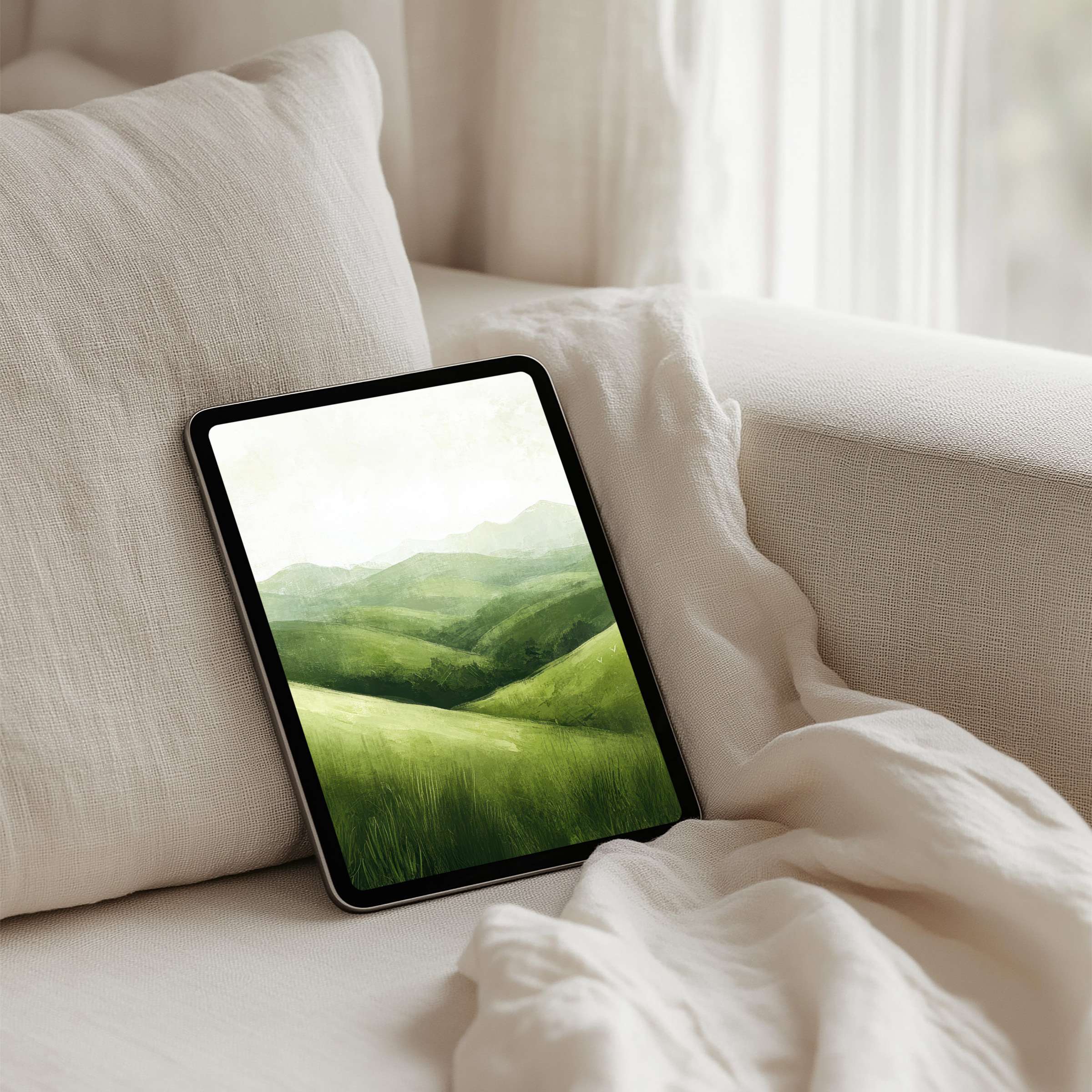Elegant iPad background featuring tranquil green hills for instant download adds calm and inspiration to any tablet screen