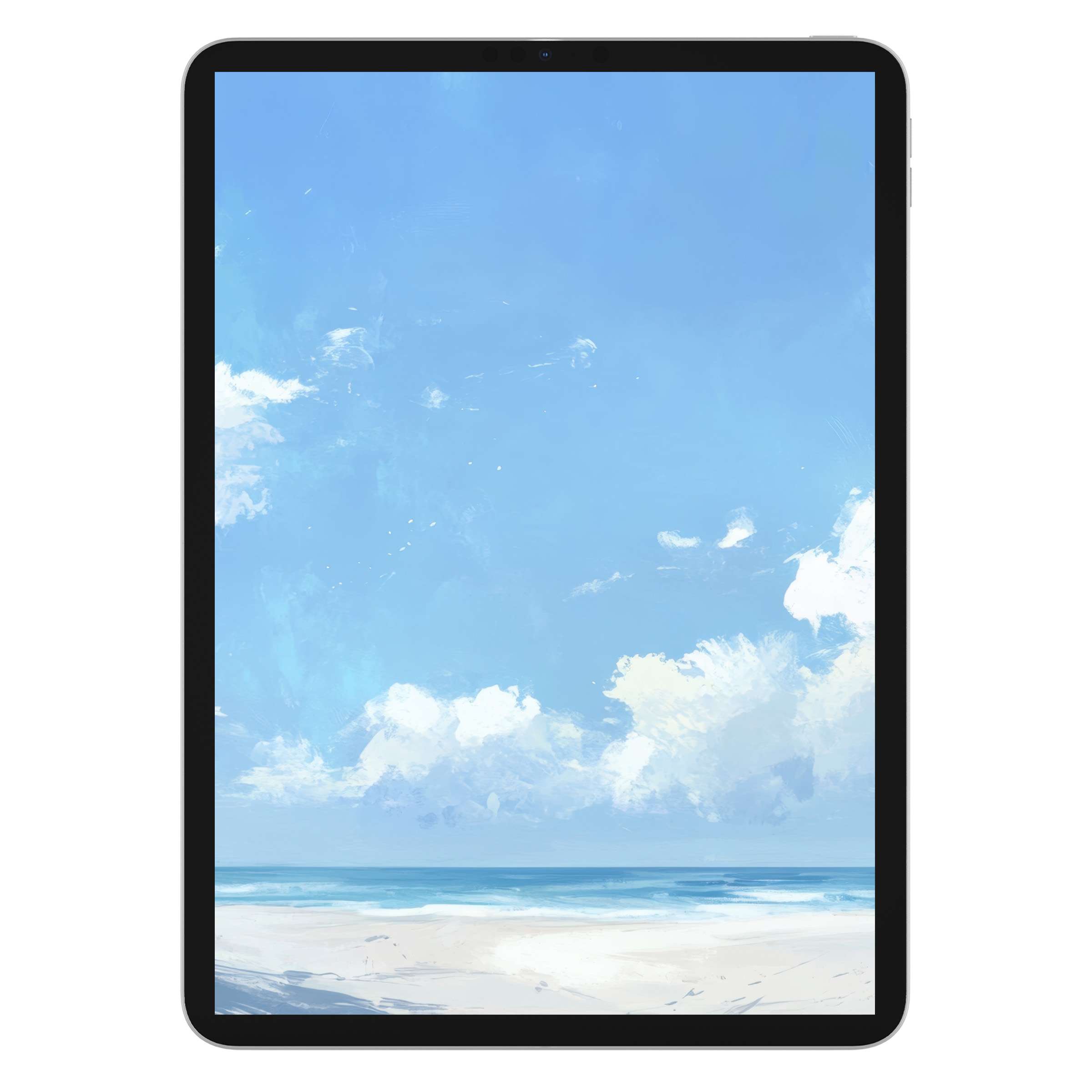 Serene summer iPad wallpaper featuring a tranquil beach and blue sky background, perfect as a digital download for tablets and calming aesthetics
