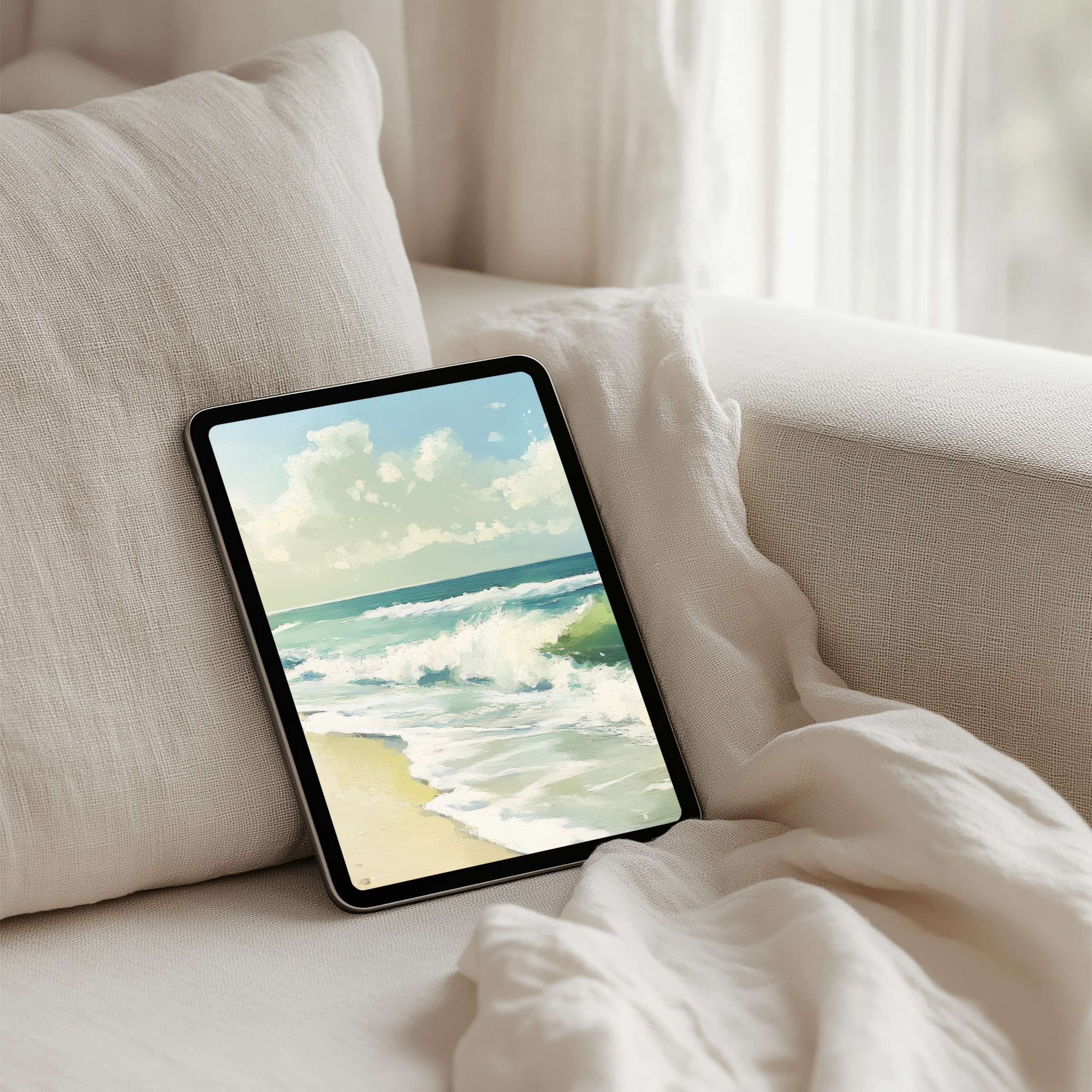 Elegant iPad background featuring serene waves on a sandy beach perfect for tablet screens instant download for calm inspiration