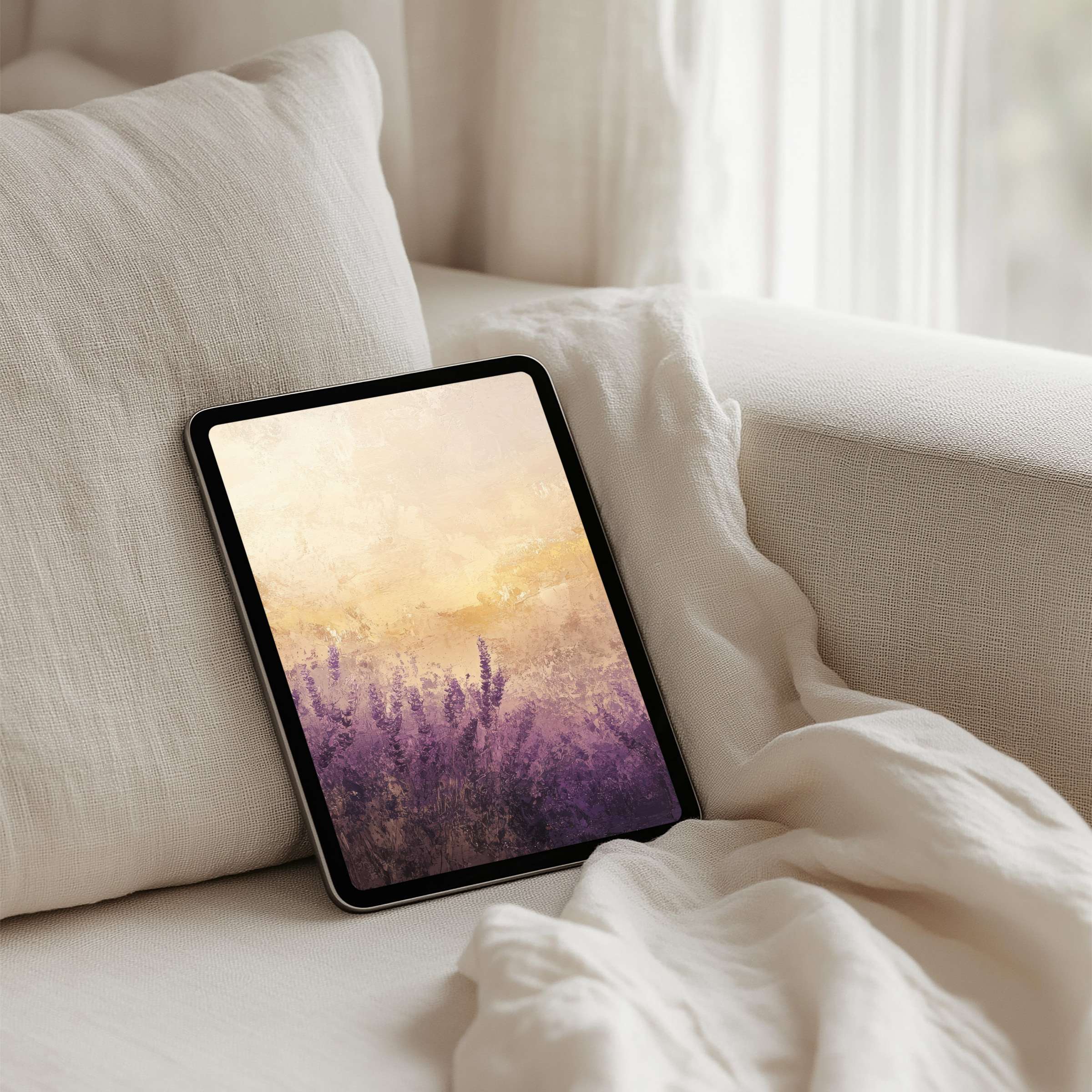 Elegant iPad background featuring calming lavender fields and golden skies perfect for a mindful, inspiring instant download for any tablet