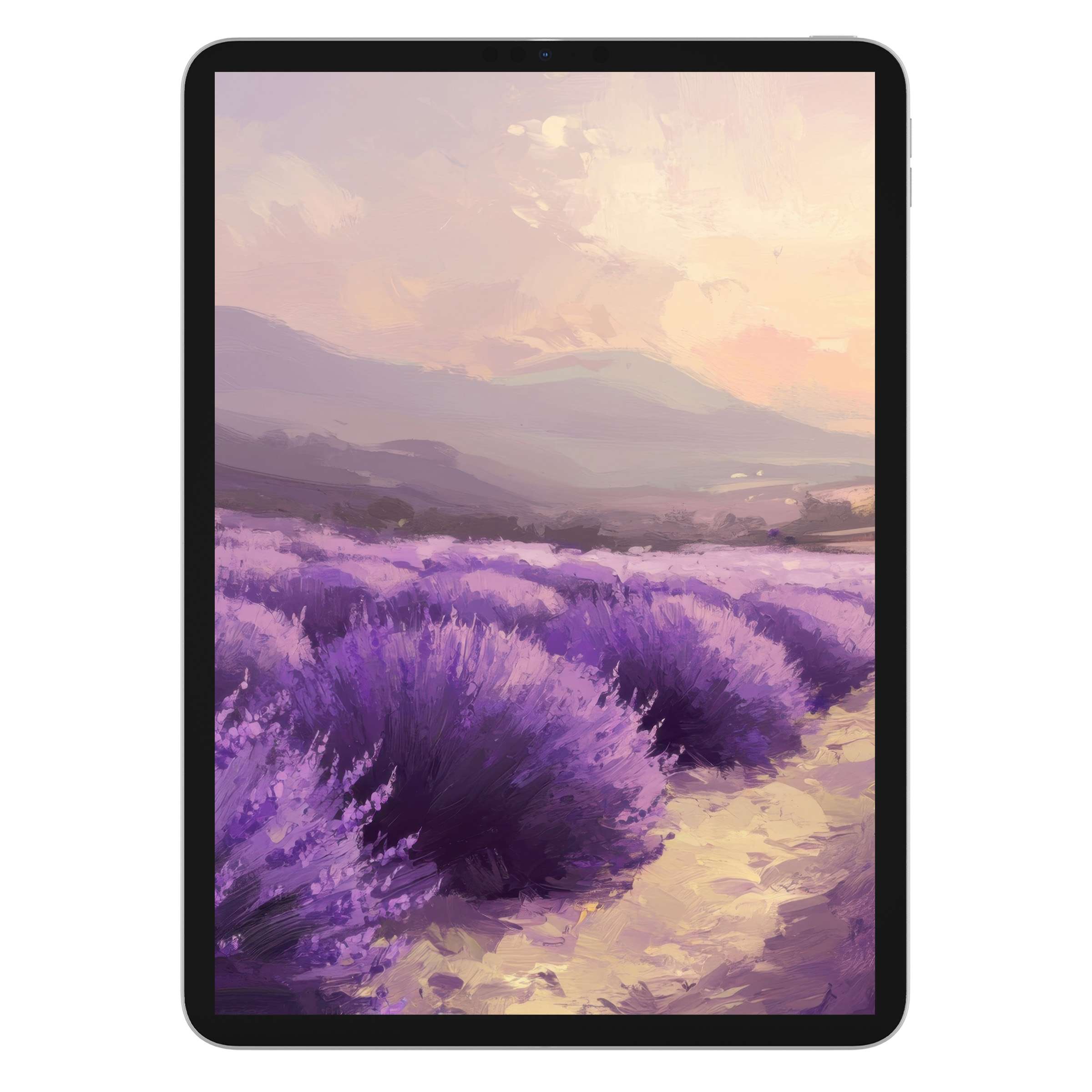 Summer iPad wallpaper featuring a serene lavender field painting, perfect digital download tablet background for elegant tranquility