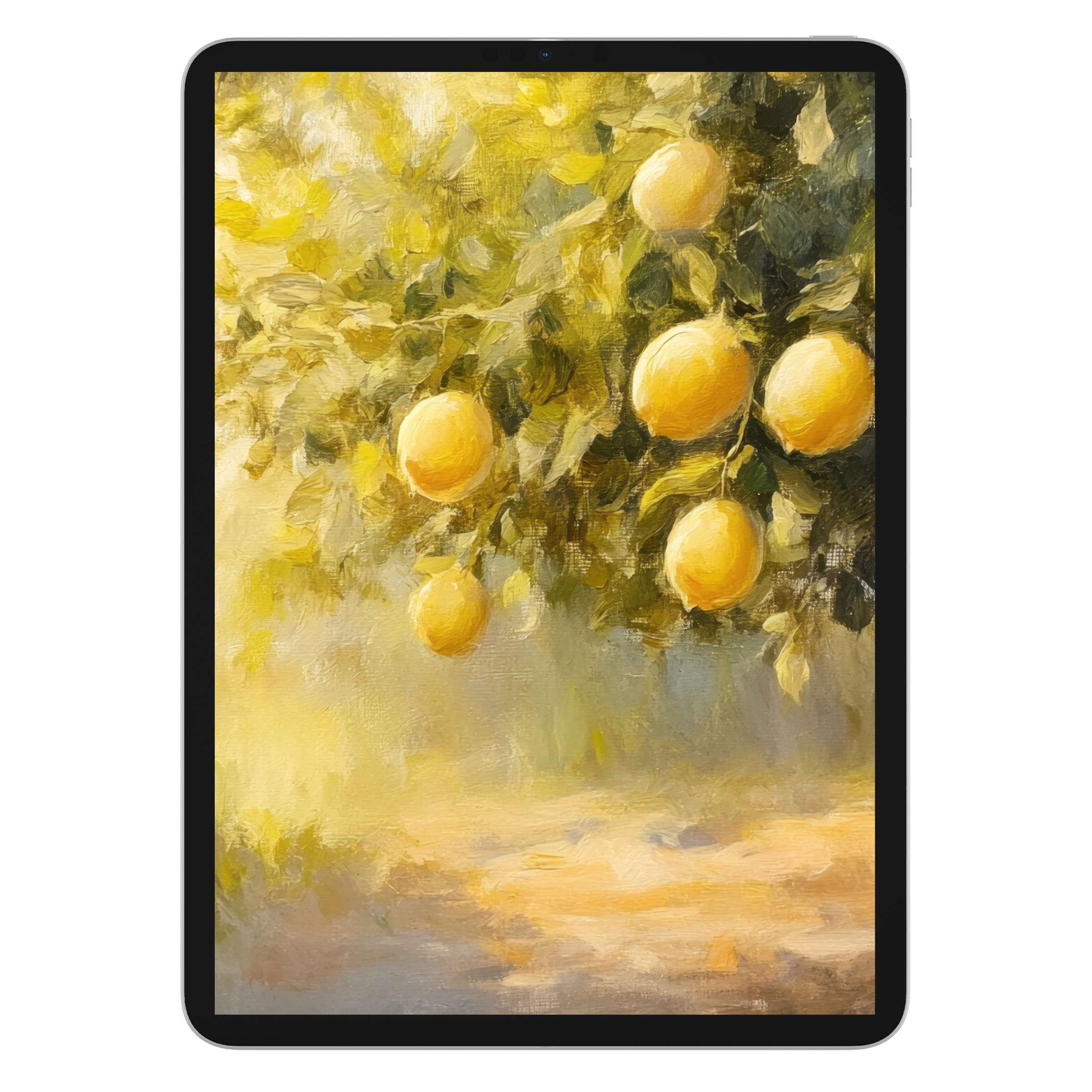 Elegant summer iPad wallpaper featuring sunlit lemons and lush greenery, perfect digital download tablet background for serene inspiration