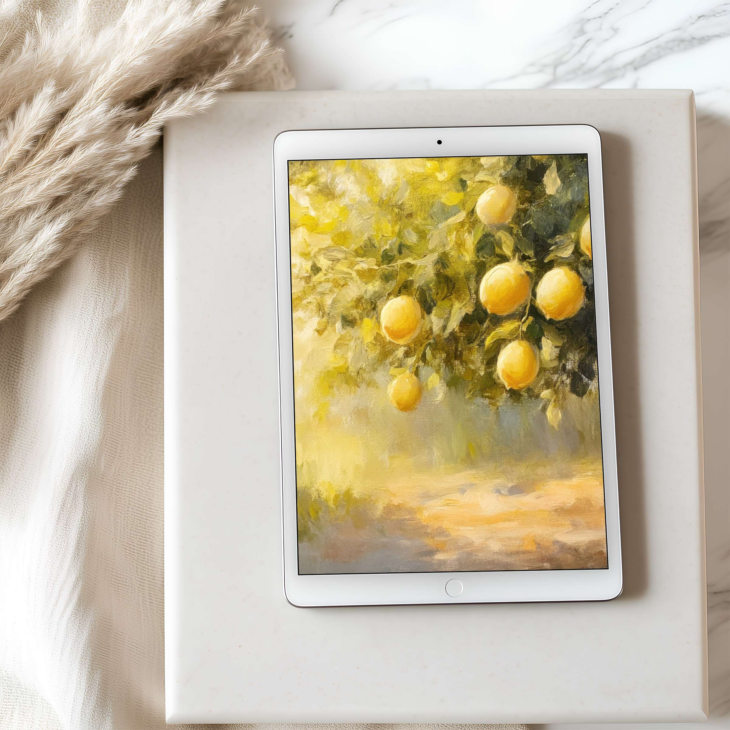 Lemon grove tablet wallpaper in warm yellows offers serene elegance, perfect for high-resolution digital download on iPad or tablet