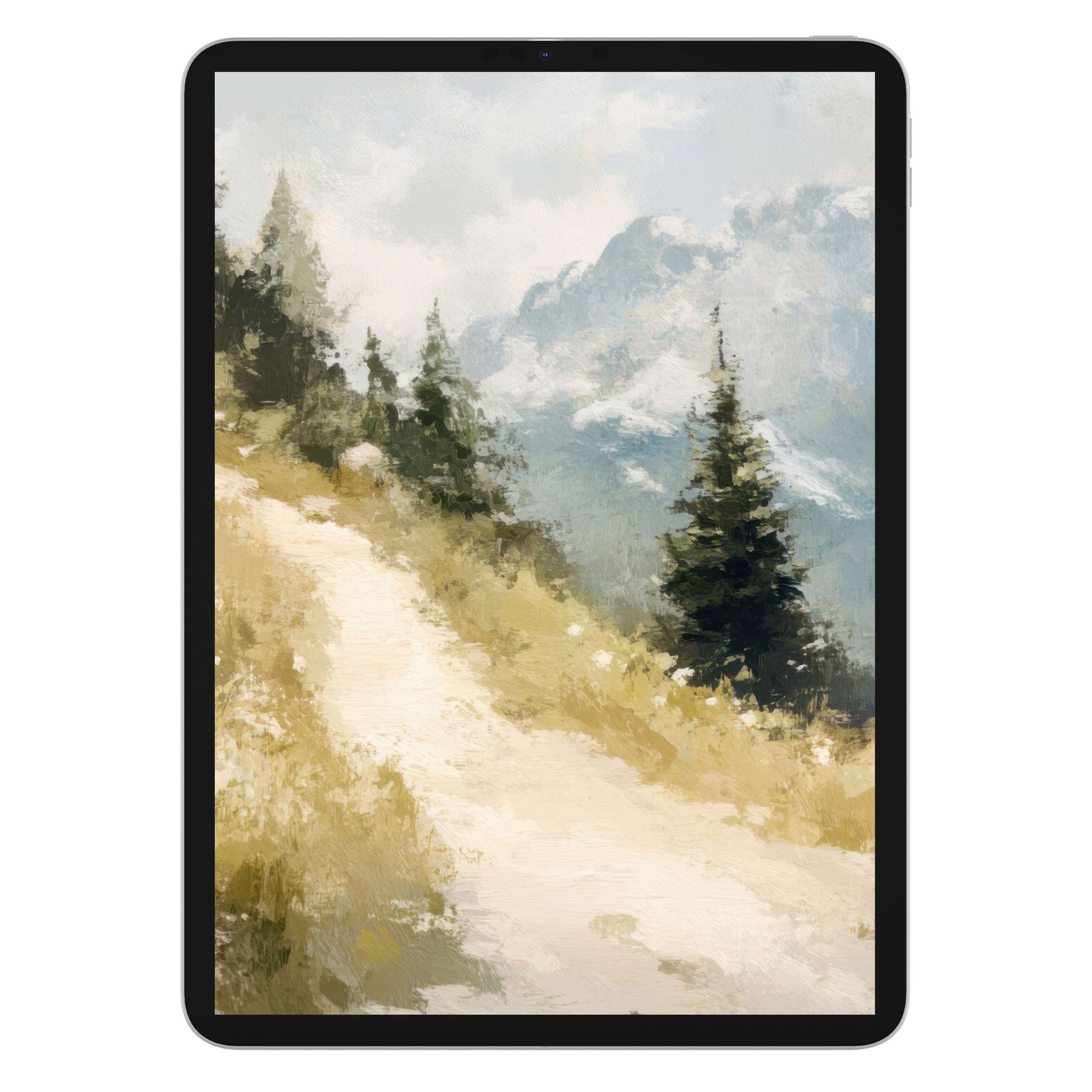 Summer iPad wallpaper digital download featuring serene nature path, lush trees, soft pastels, perfect background for any tablet
