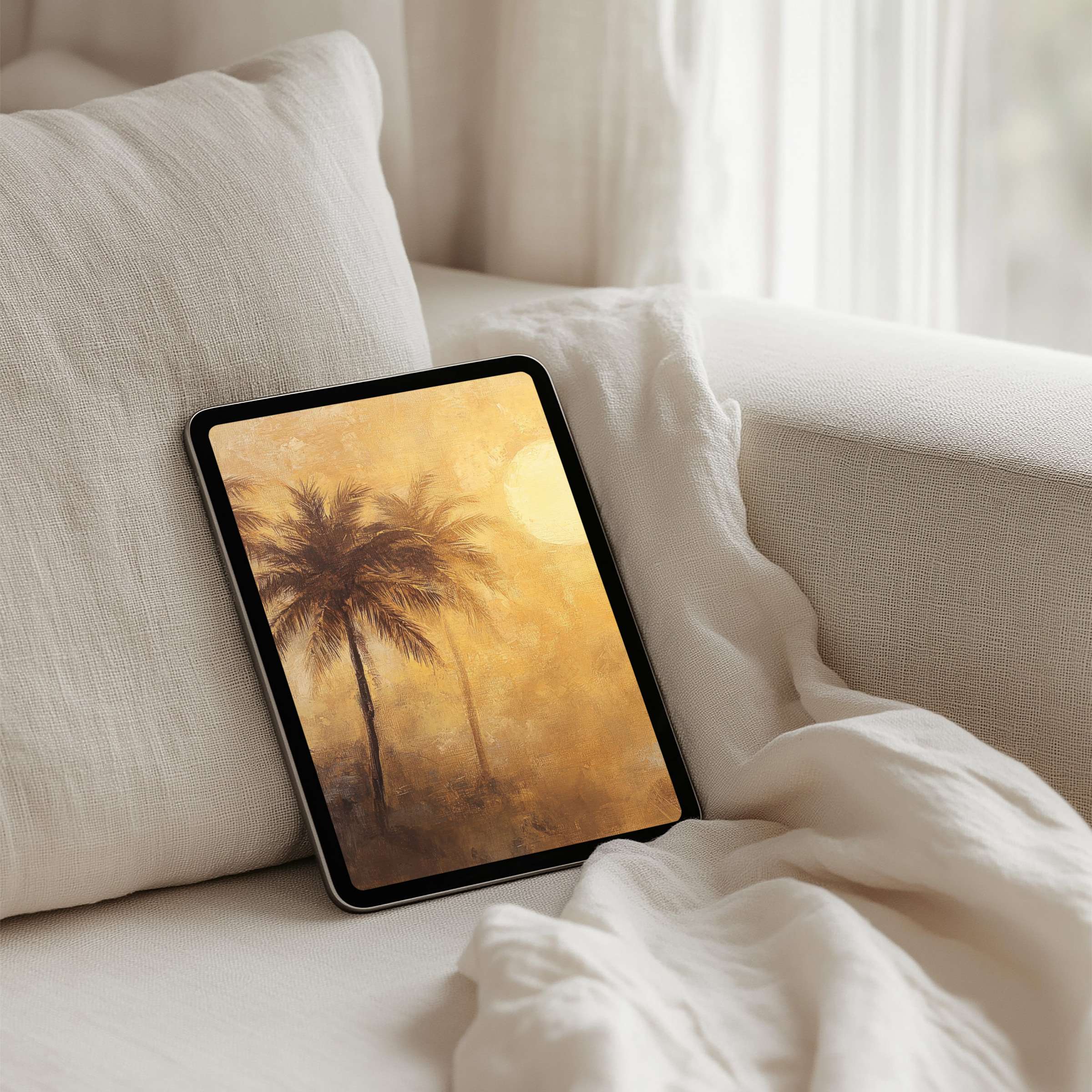 Serene palm sunset captures the essence of calm, elegance, and mindfulness for your perfect iPad background tablet instant download