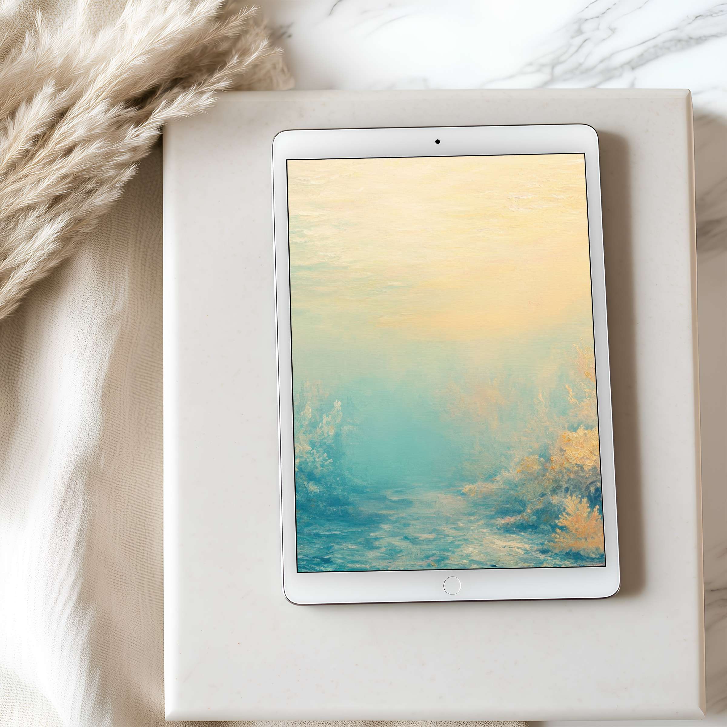 Elegant tablet wallpaper features serene pastel ocean artwork, perfect for high resolution iPad and Android downloads enhancing tranquility