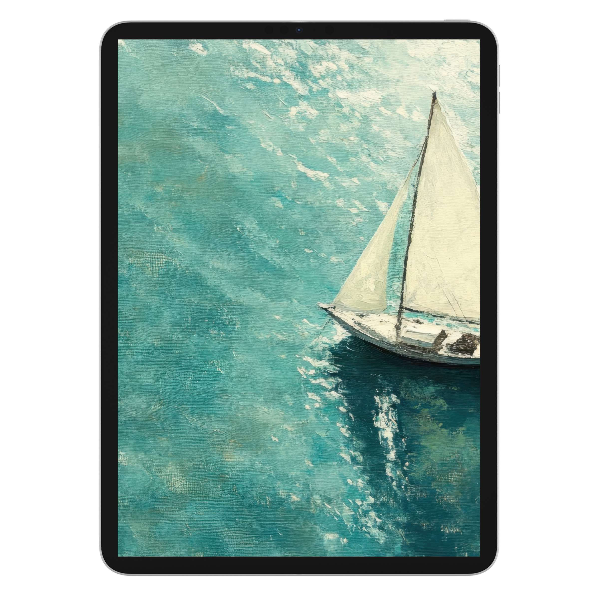 Elegant summer iPad wallpaper featuring a serene sailboat on aqua waves, ideal as a digital download background for tablets