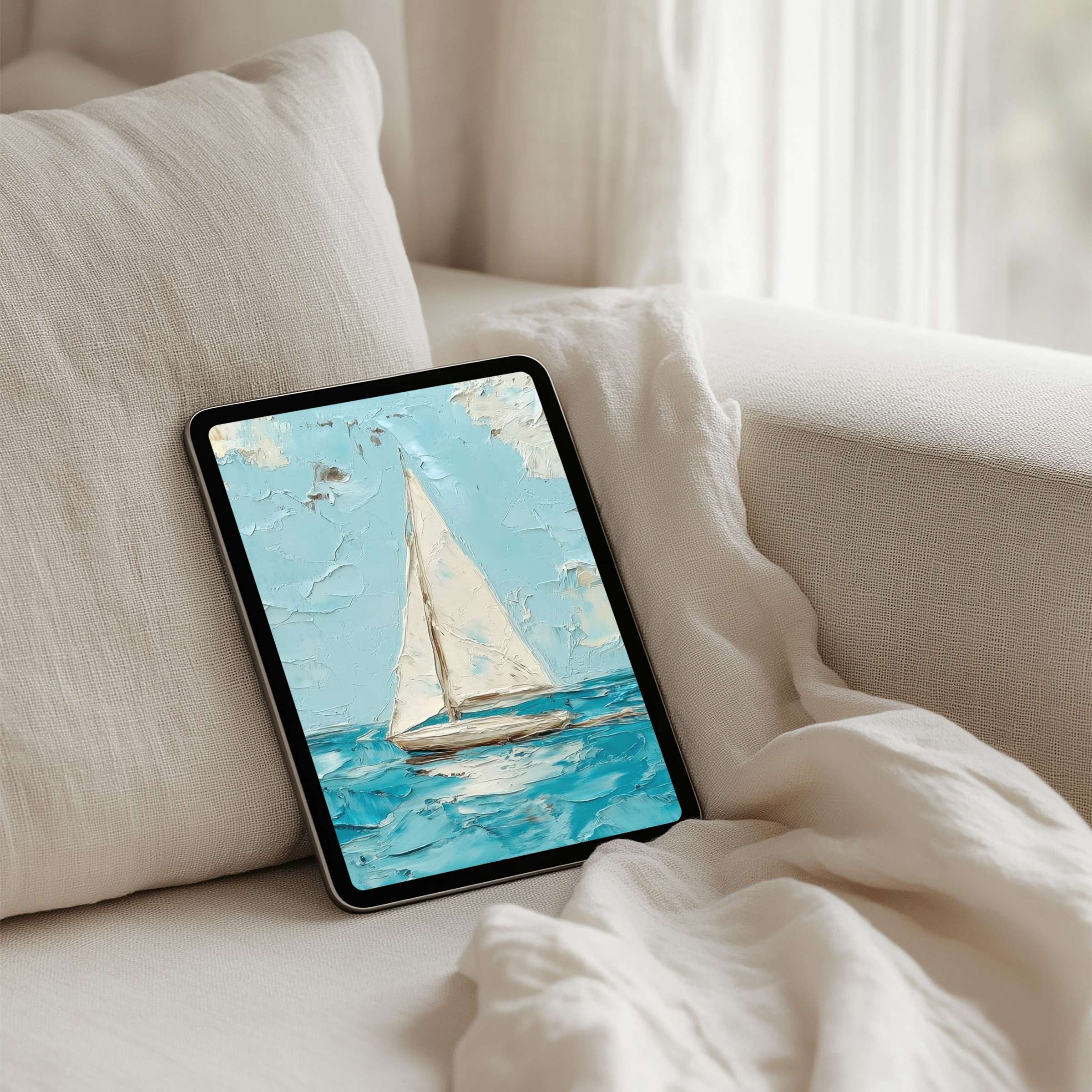 Elegant sailboat painting on iPad background enhances mindfulness with calm textures and soothing blues for instant download to any tablet