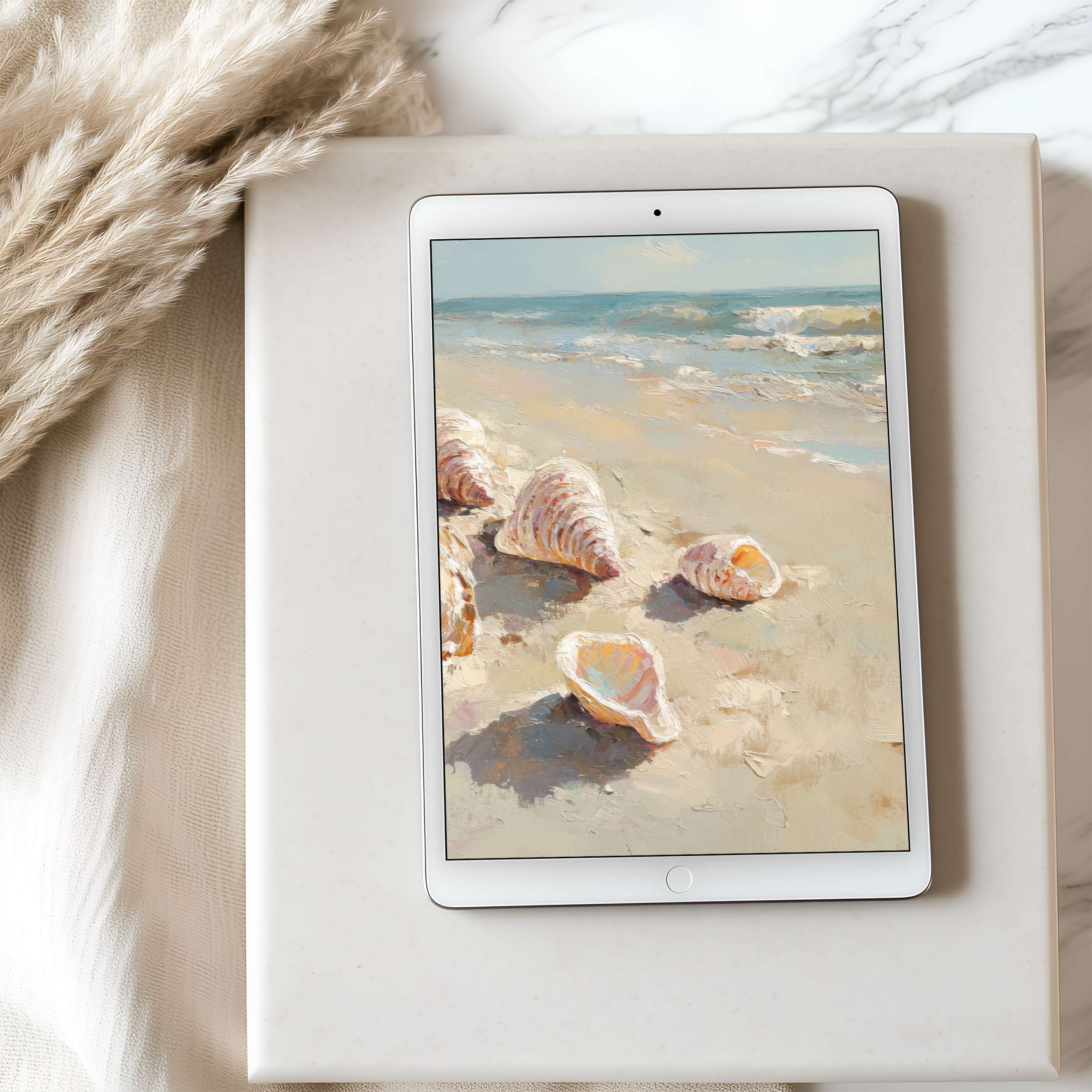 Serene tablet wallpaper featuring calming pastel seashells and waves inspires tranquility perfect for high resolution iPad and Android tablets