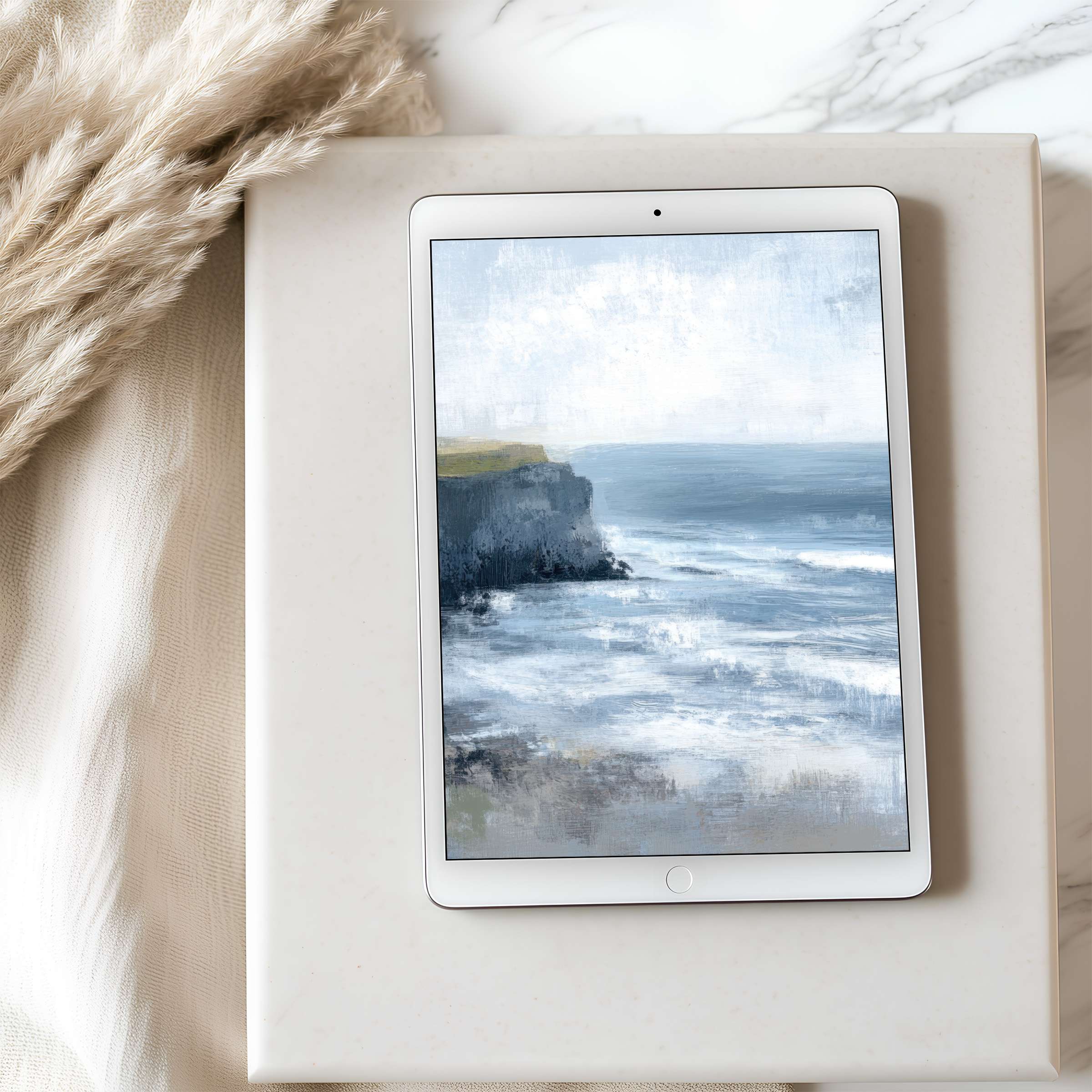 Elegant tablet wallpaper with serene seascape art in soft blue tones, perfect for iPad or Android tablets digital download