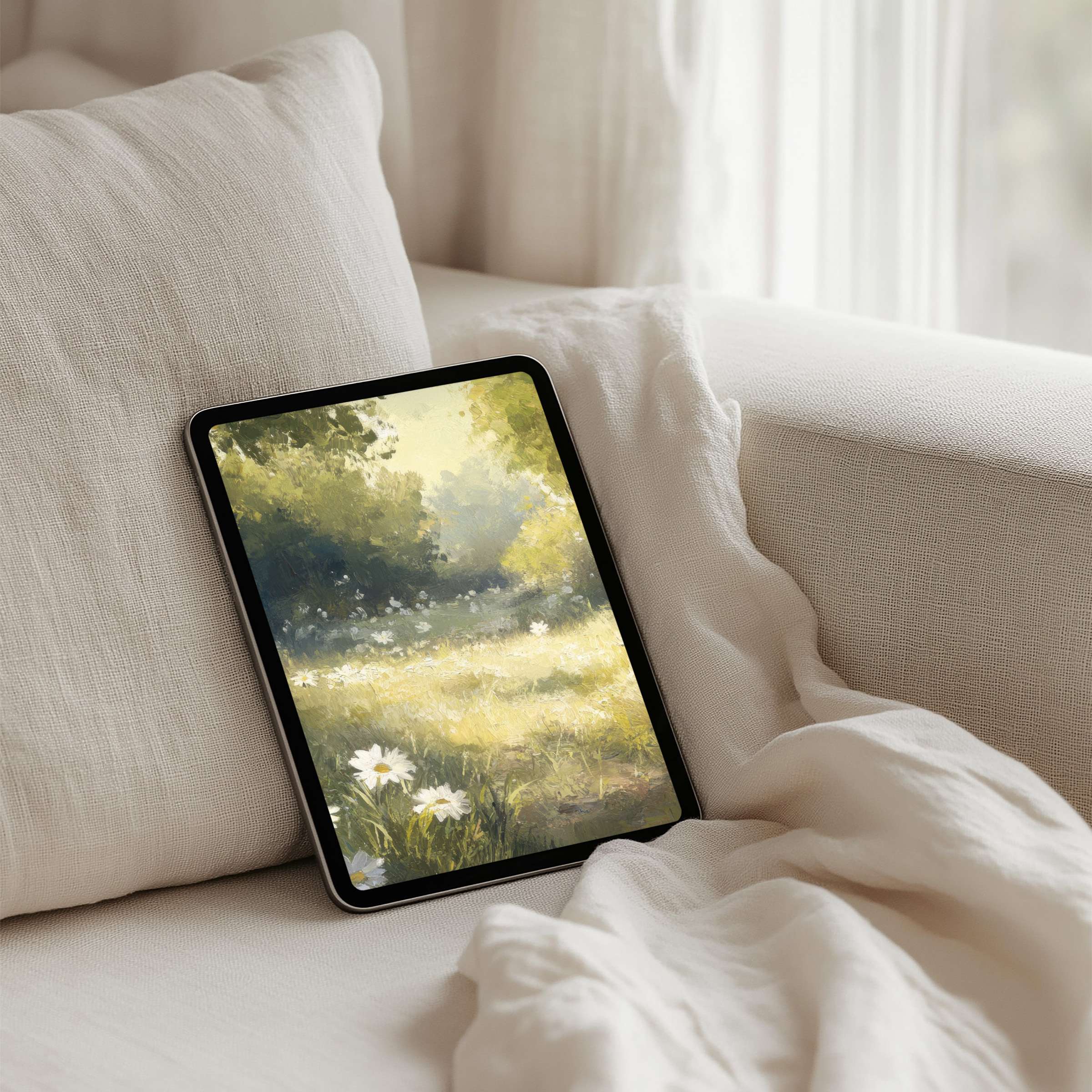 Elegant iPad background featuring serene meadow art, perfect for tablets like Samsung or Android, offering instant download for mindful aesthetics