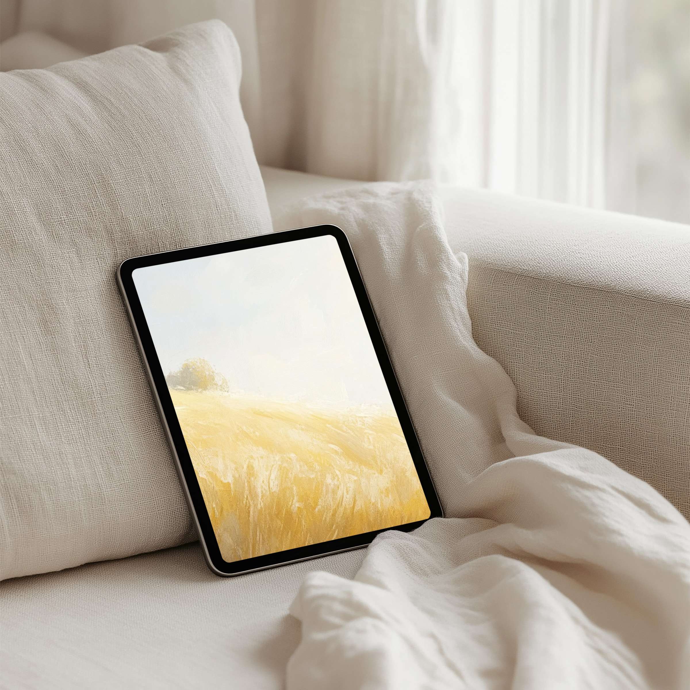 Tranquil iPad background with soft golden fields, inspiring calm and elegance for your tablet instant download to enhance mindfulness