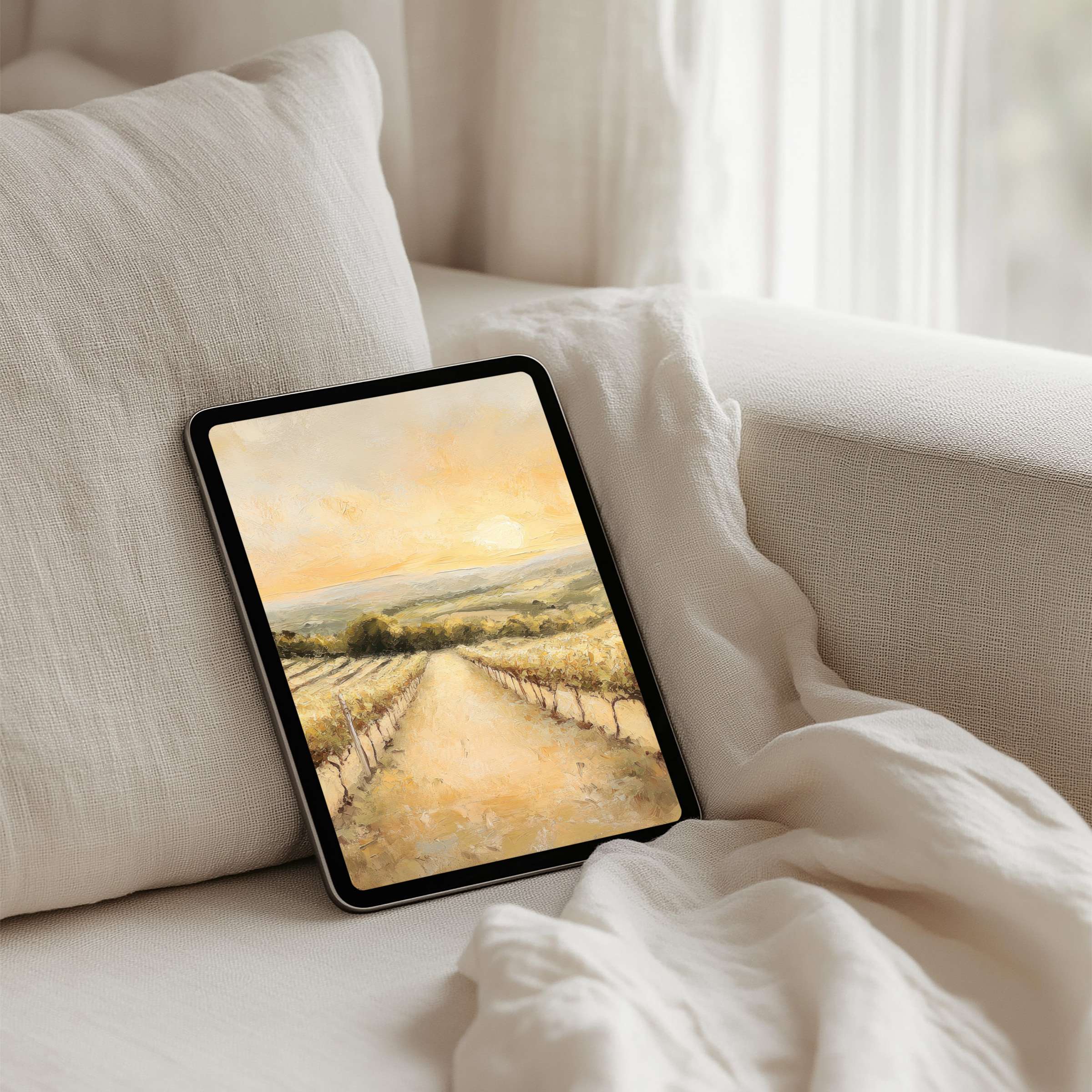 Elegant iPad background featuring a serene vineyard at sunset for instant download perfect for any tablet offering inspiration and calm