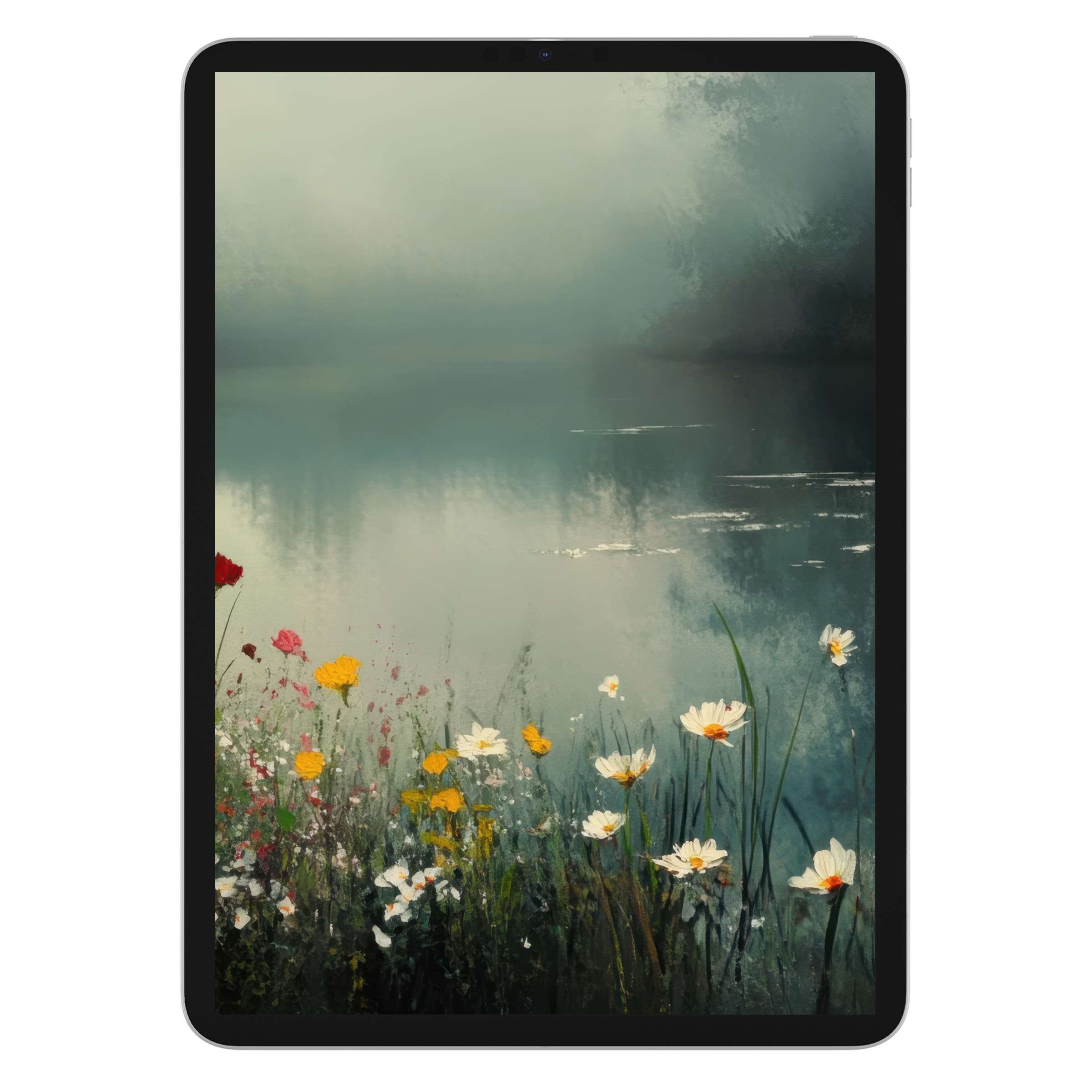 Serene summer iPad wallpaper featuring a misty lake and wildflower meadow as a tranquil digital download background for any tablet