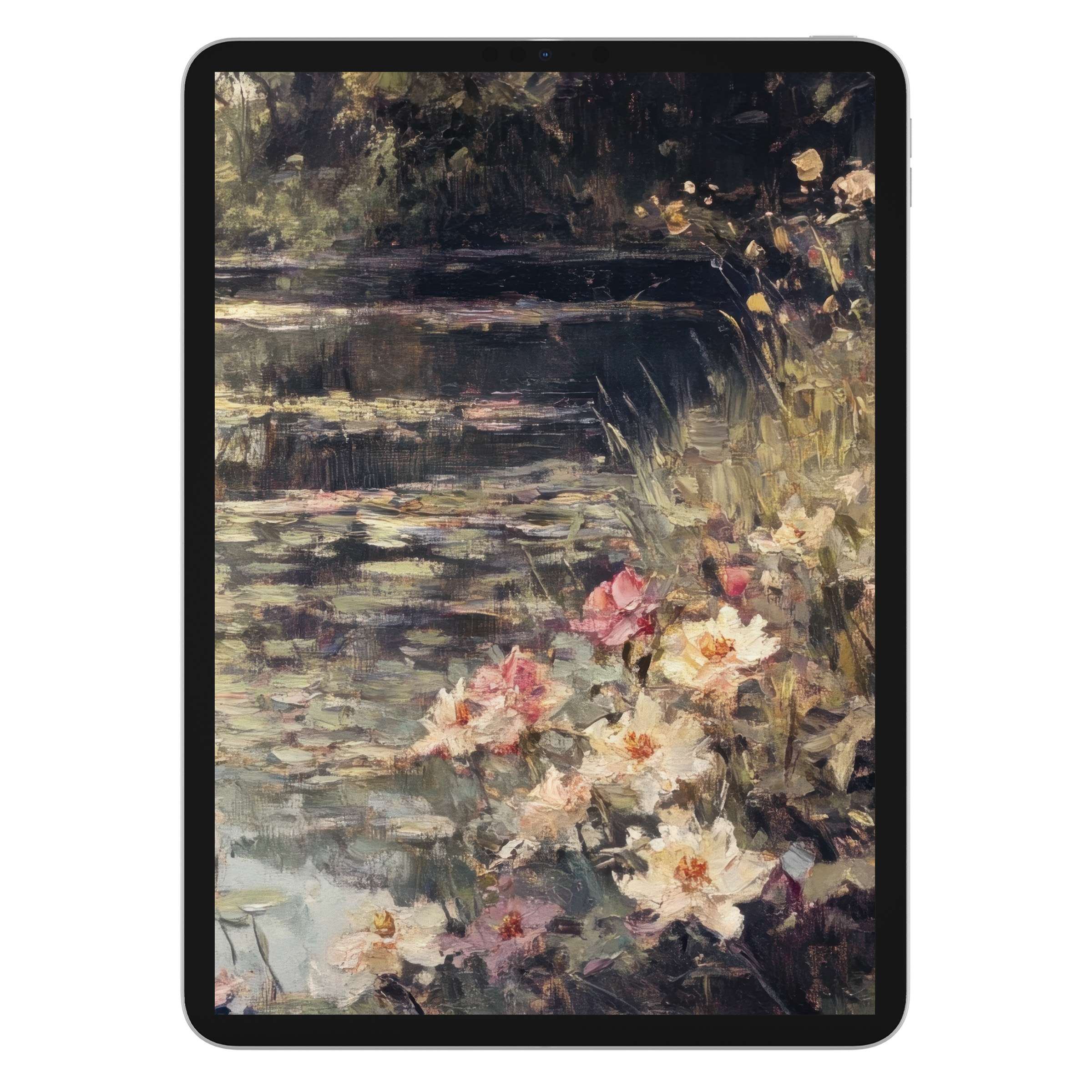 Elegant summer iPad wallpaper featuring a serene floral scene, perfect digital download for a calming tablet background experience