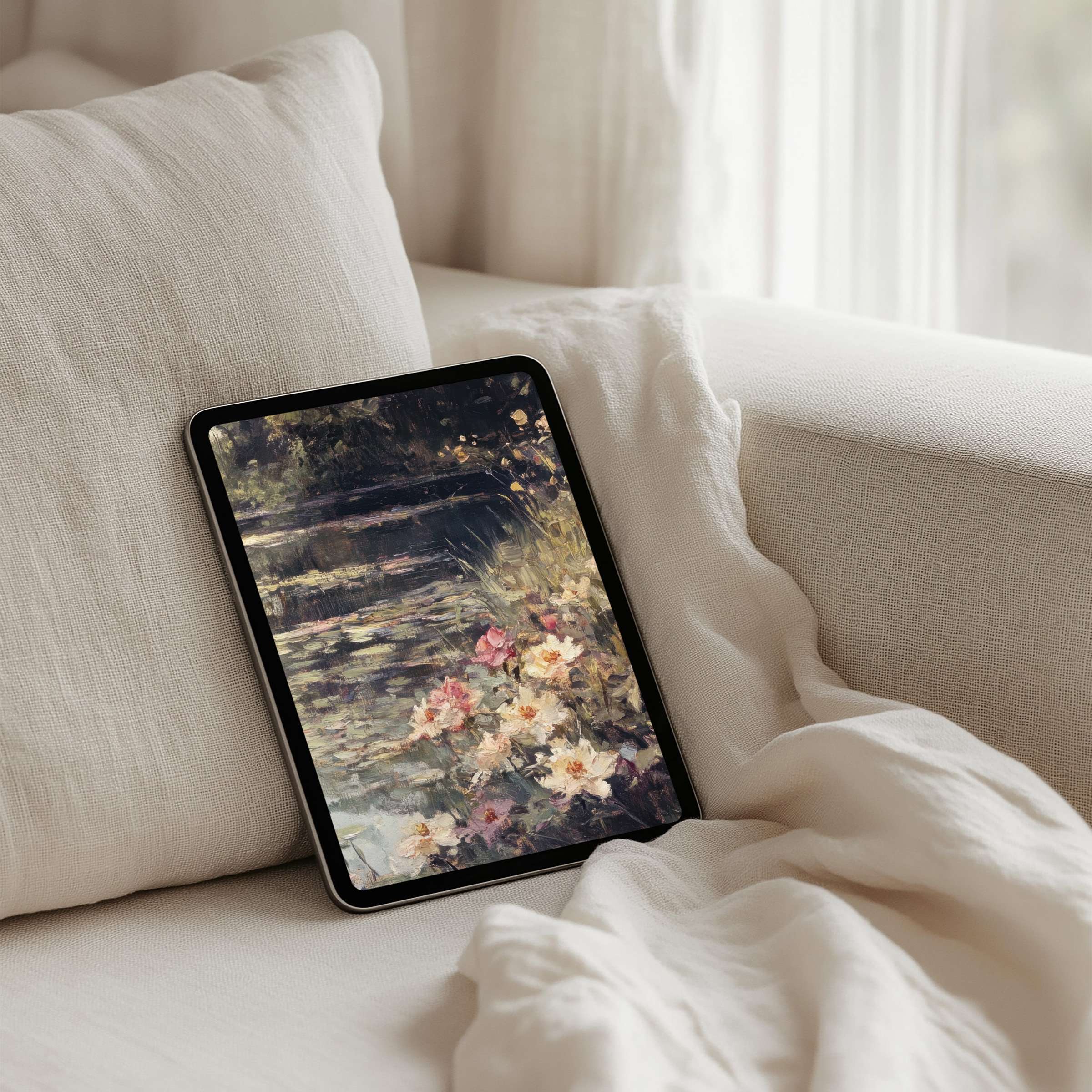 Elegant iPad background featuring serene floral art is perfect for tablet users seeking inspiration and calm with instant download options