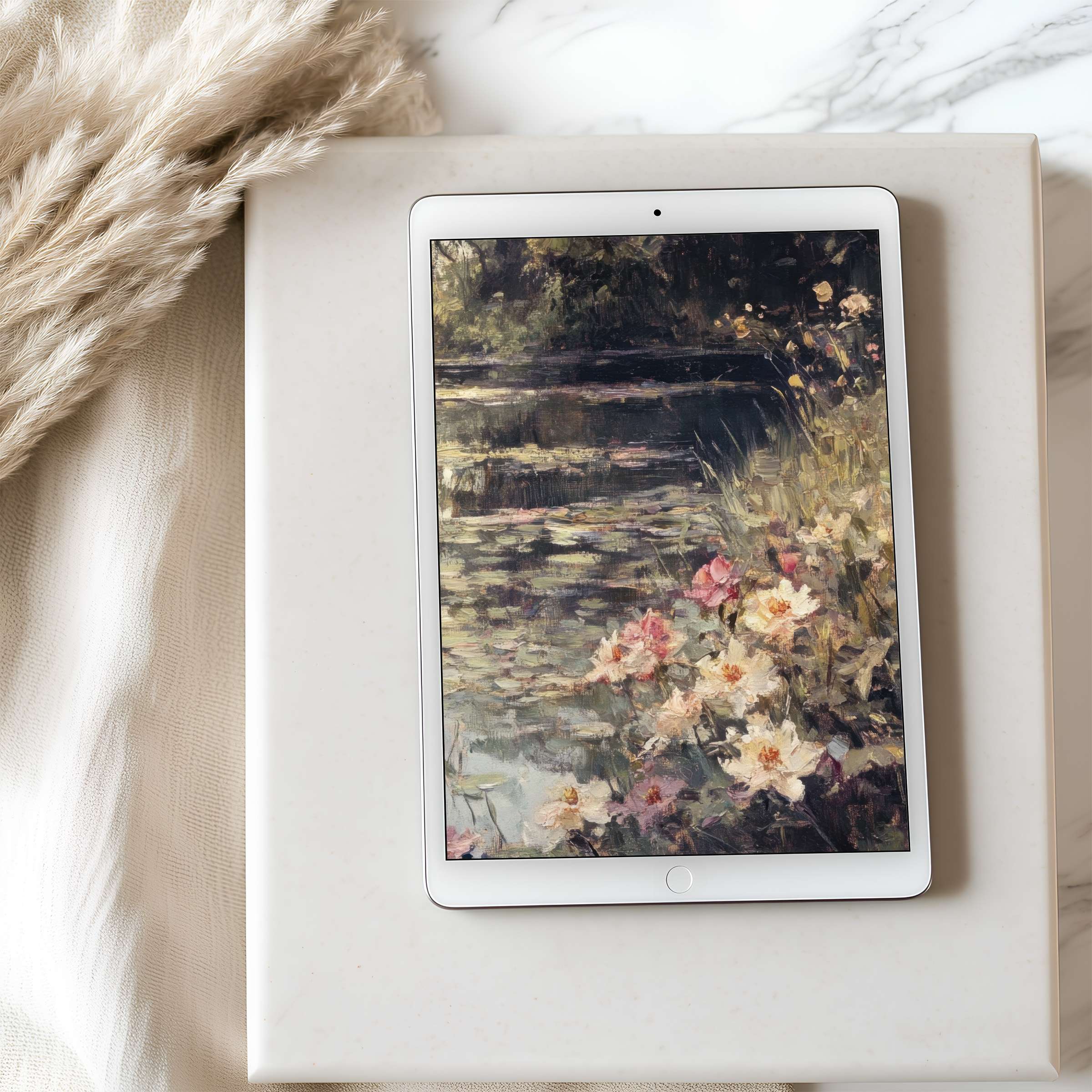 Elegant tablet wallpaper featuring serene floral painting with soft pastel tones ideal for high-resolution iPad digital download