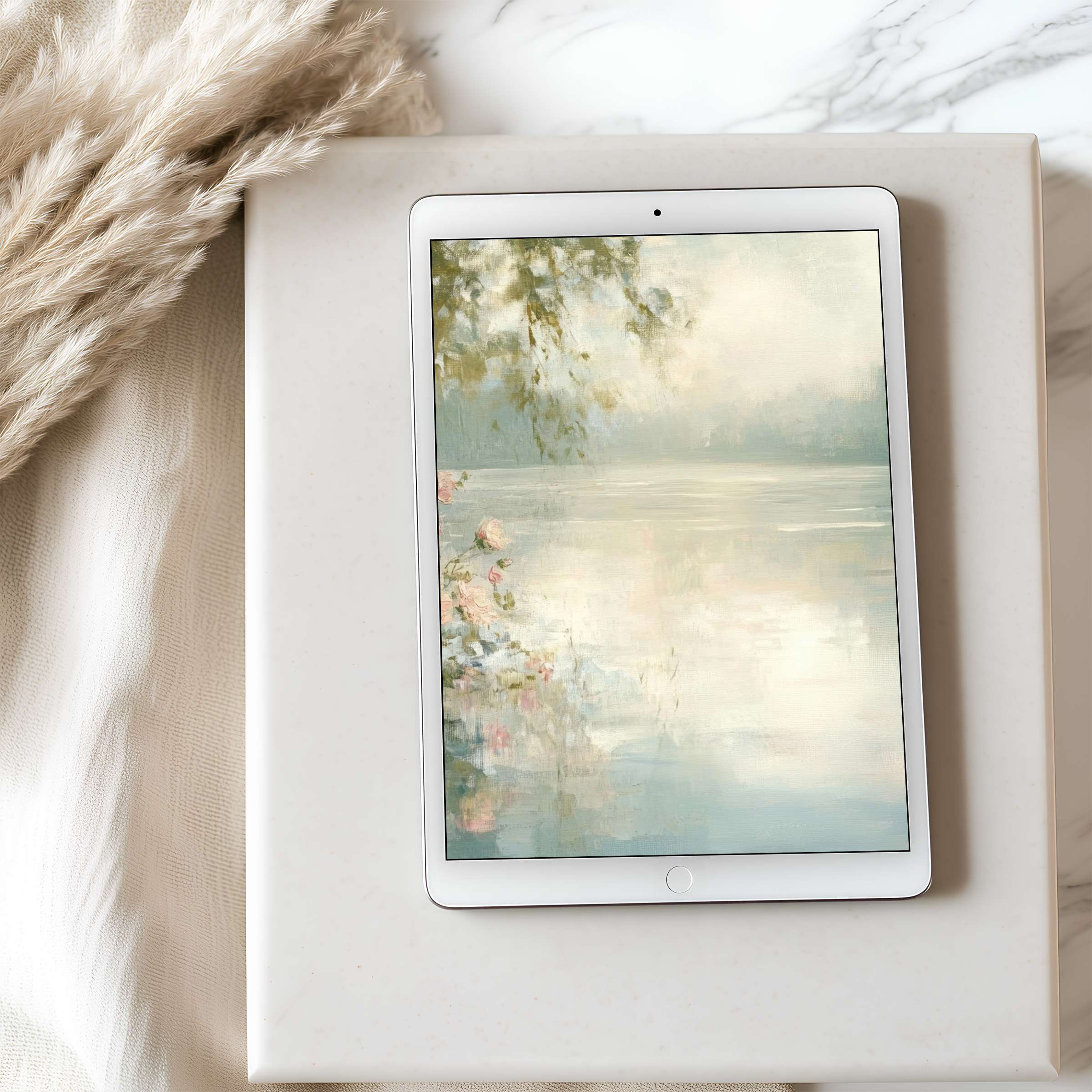 Elegant tablet wallpaper featuring serene pastel lakeside scene ideal for iPad high resolution download blending tranquility and style