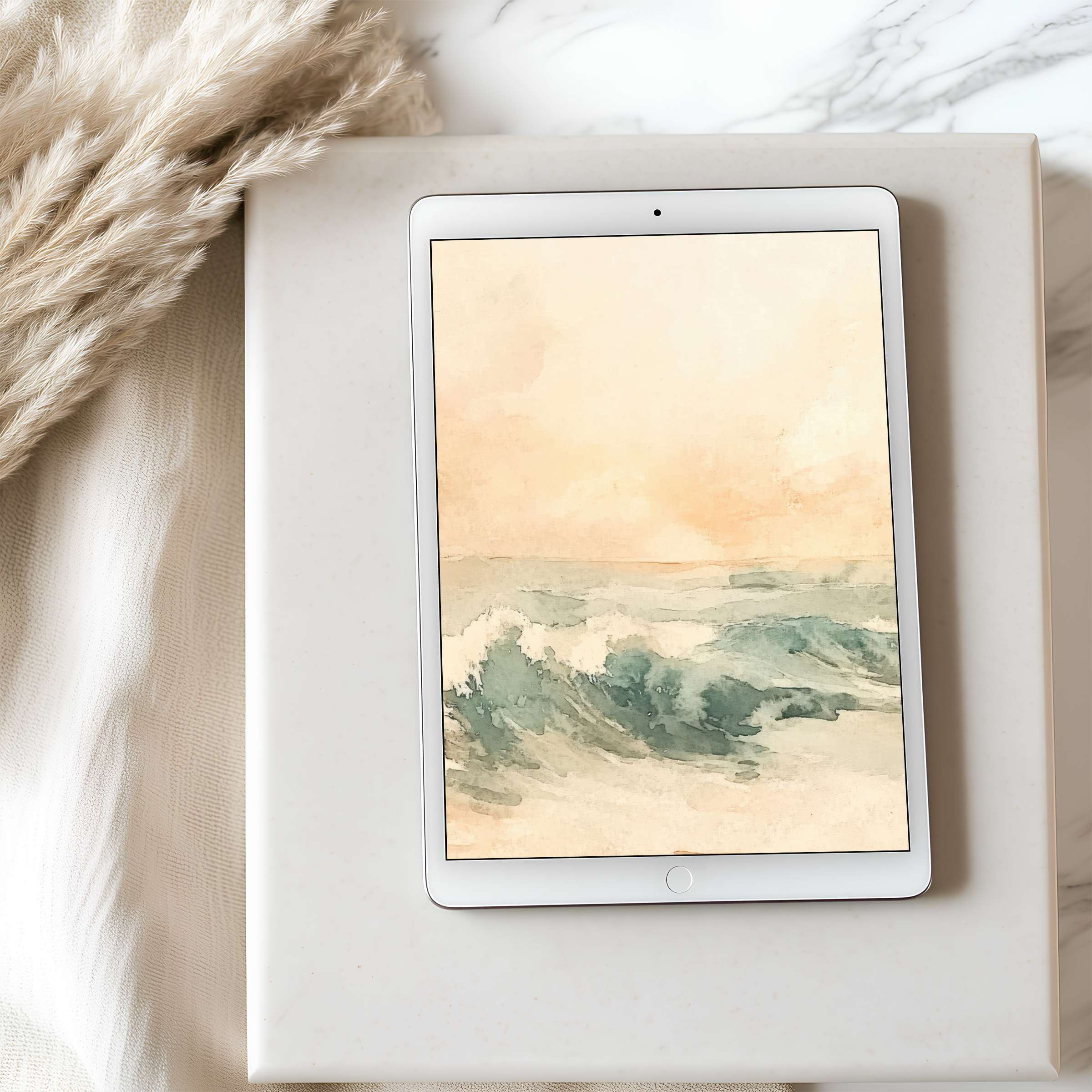 Elegant ocean-inspired tablet wallpaper in soft pastels elevates any iPad or Android device with calming, curated digital download design