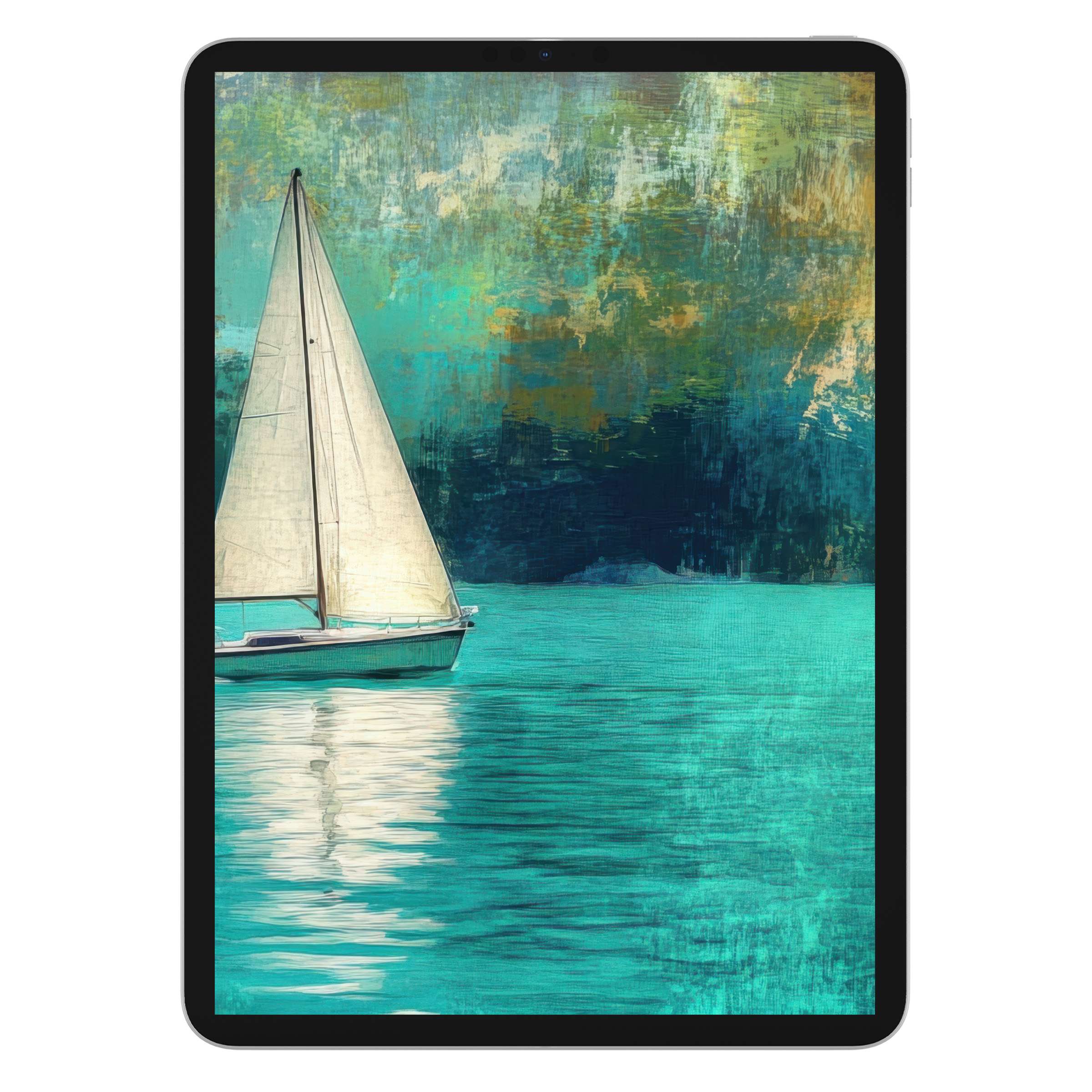 Elegant sailboat on tranquil turquoise water offers a serene summer iPad wallpaper, perfect tablet background for digital download