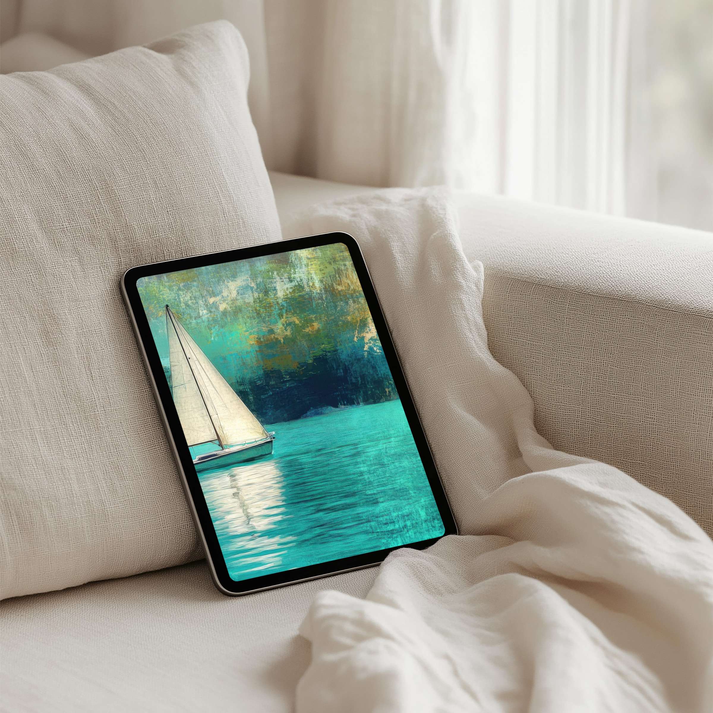 Sailboat scene on an iPad background exudes calm elegance with instant download for tablets like Samsung and Android inspiring mindfulness