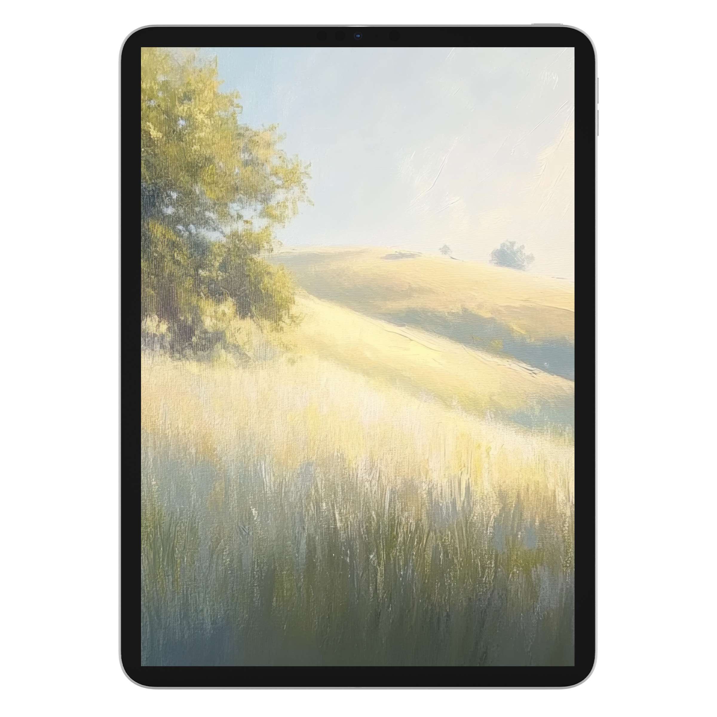 Dreamy summer iPad wallpaper showcasing serene sunlit hills and soft textures for elegant digital download background on any tablet