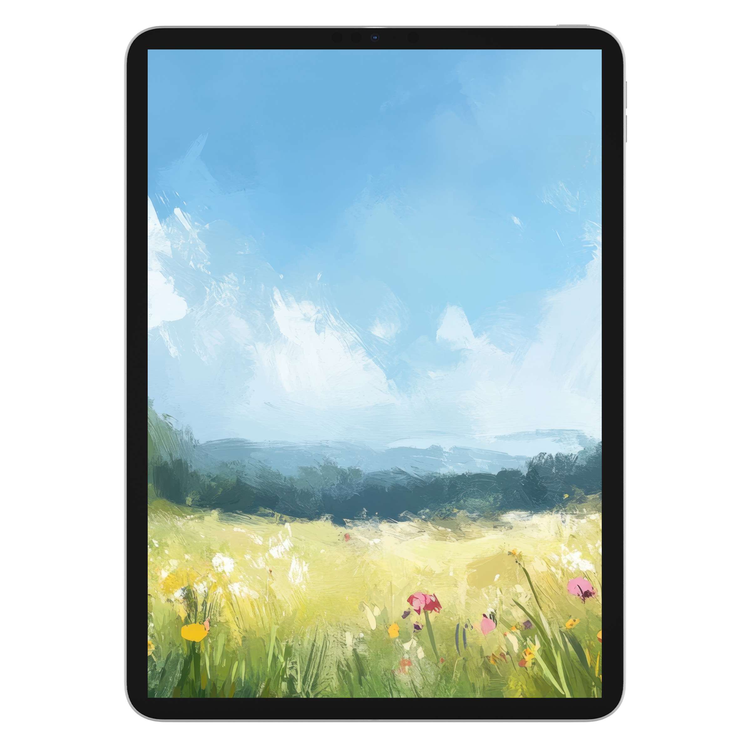 Summer iPad wallpaper with a serene painted meadow and blue sky, perfect digital download for elegant tablet backgrounds