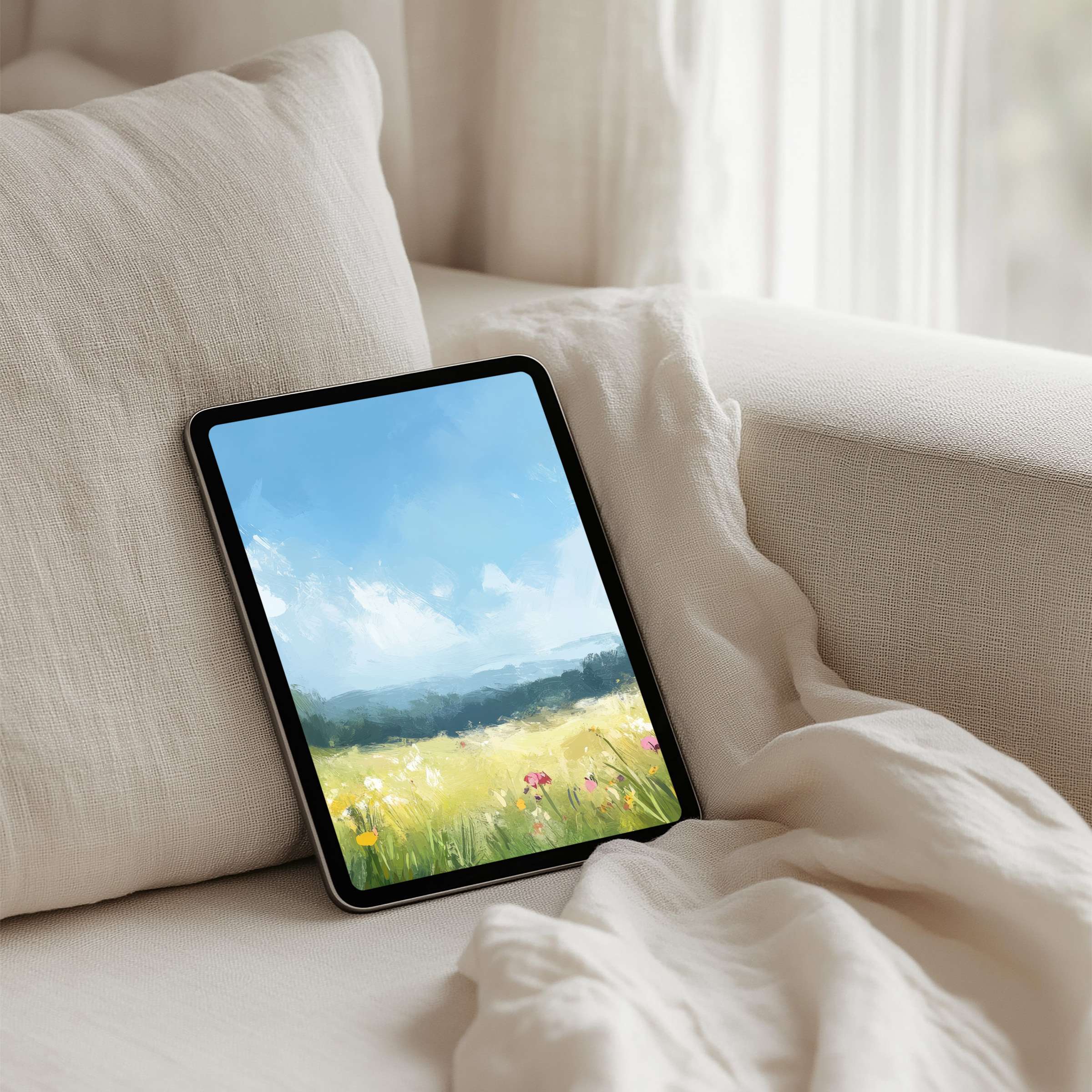 Calm landscape iPad background with serene fields and blue skies, perfect for tablet ambiance, available for instant download