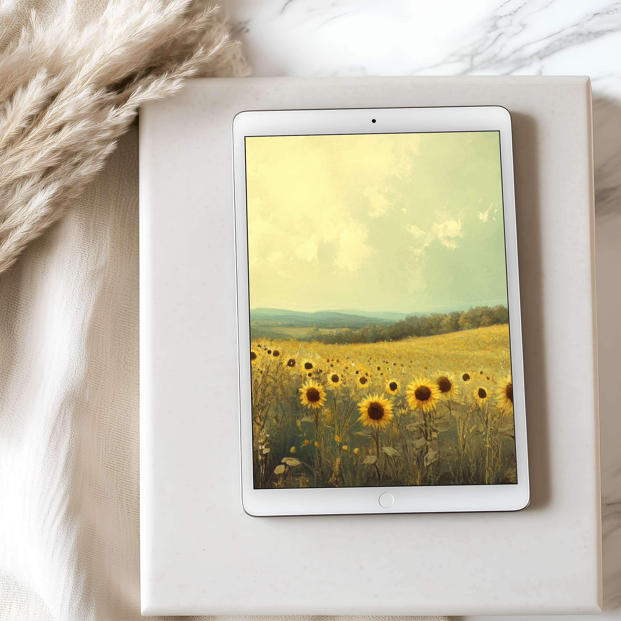 Inspiring sunflower field art creates a calming tablet wallpaper for iPad with high resolution, elevating sustainable digital aesthetics