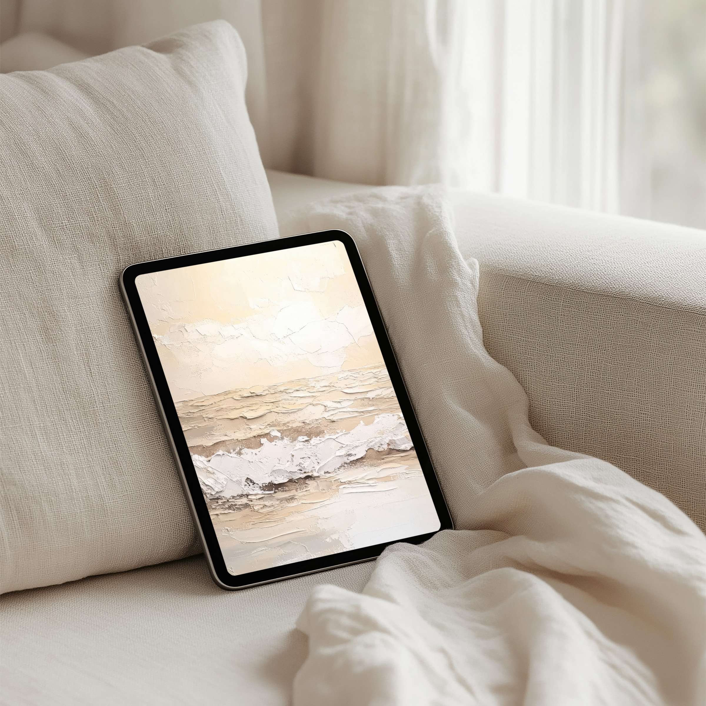 Elegant iPad background with serene waves in soft beige tones for mindfulness and inspiration instant download for any tablet