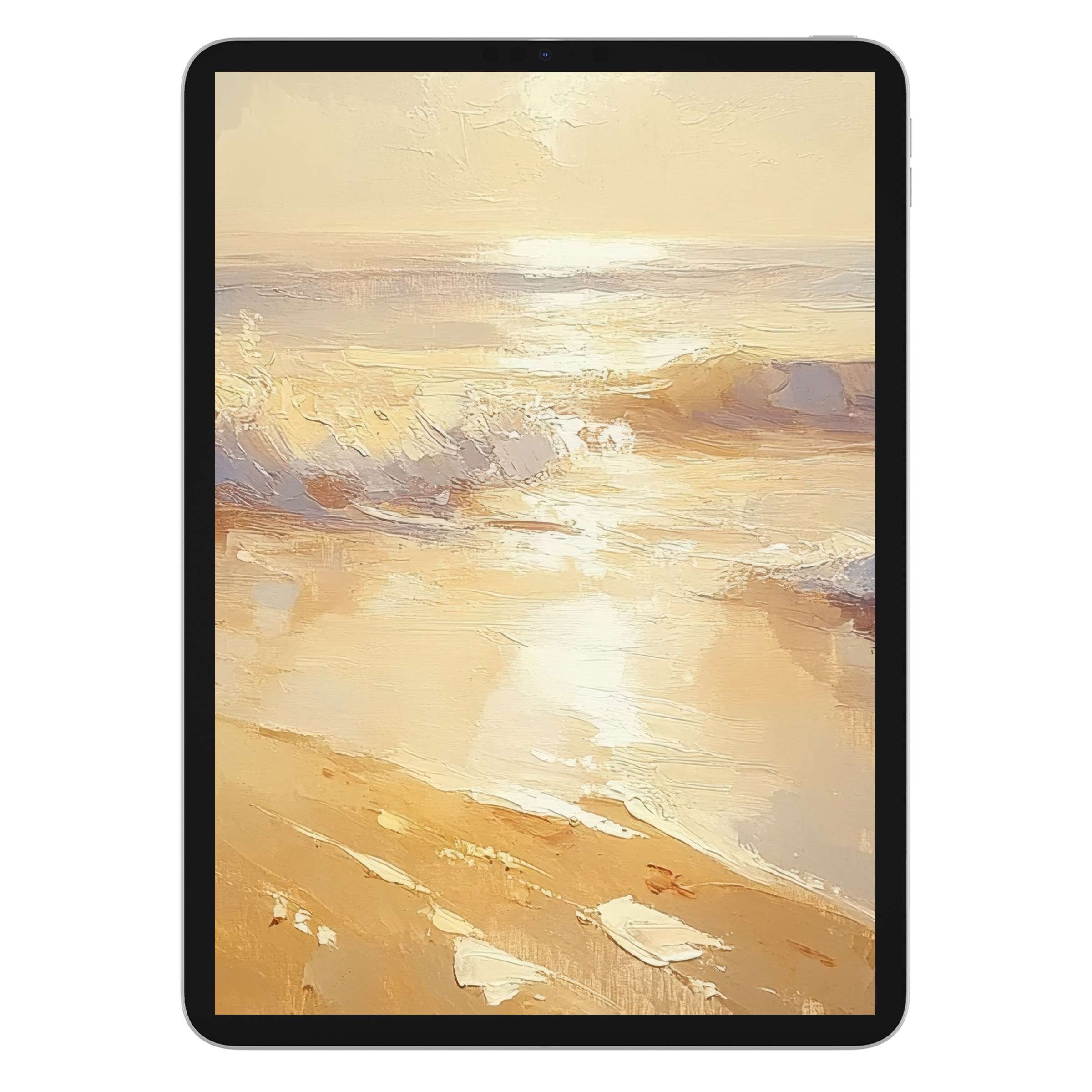 Elegant summer iPad wallpaper featuring a serene beach scene with soft golden hues, a calming digital download for any tablet background