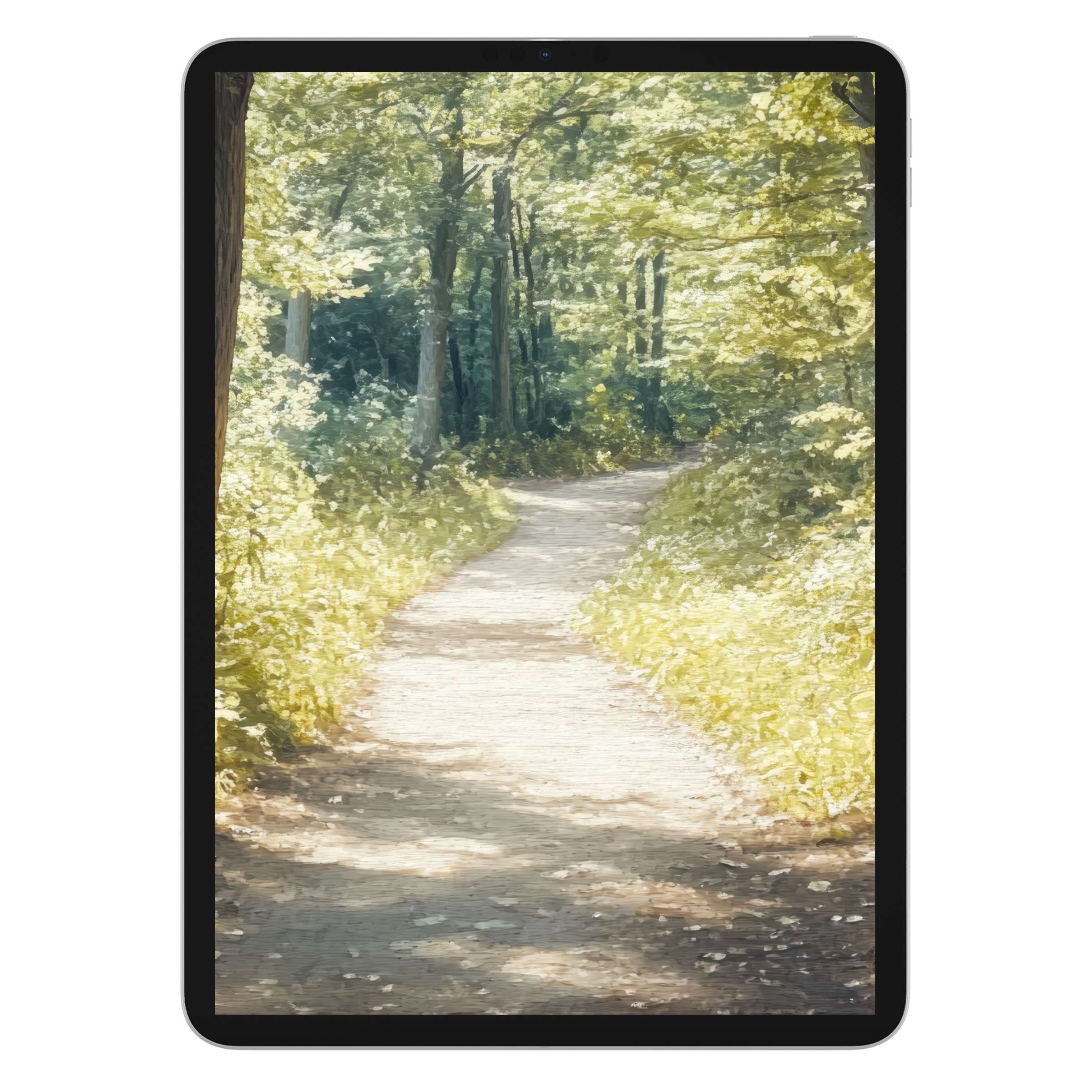 Summer iPad wallpaper showcasing a sunlit forest path in watercolor, perfect digital download for tablets, evokes tranquility and eco-chic style