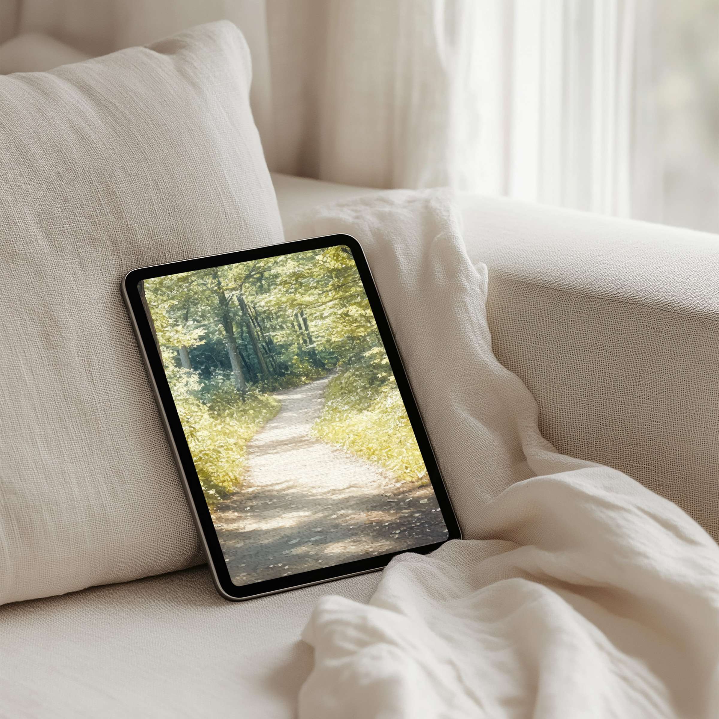 Serene forest path iPad background available for instant download on tablet brings calm elegance to your daily inspiration
