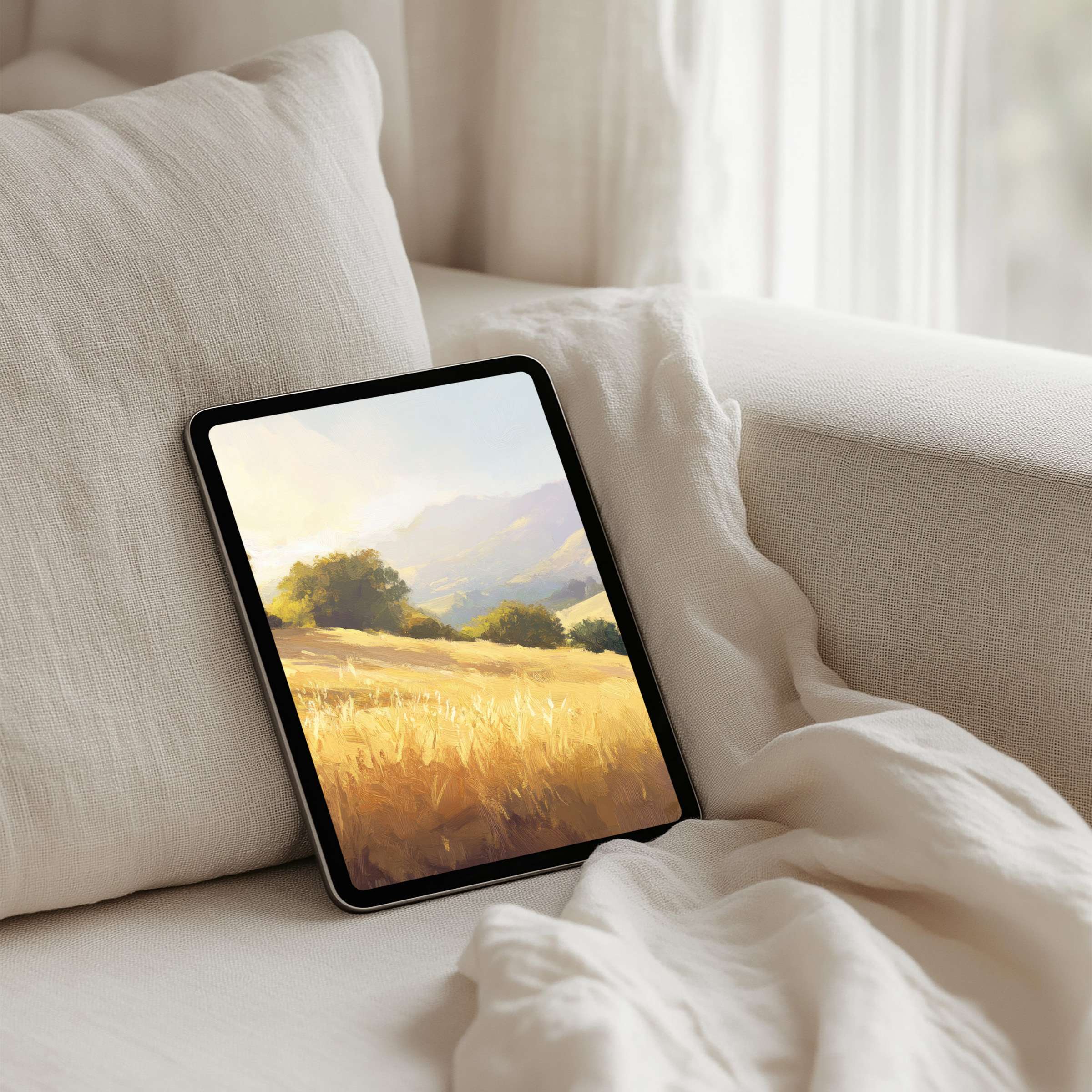 Elegant iPad background of sunny fields evokes calm and inspiration for tablet users seeking instant download and mindfulness