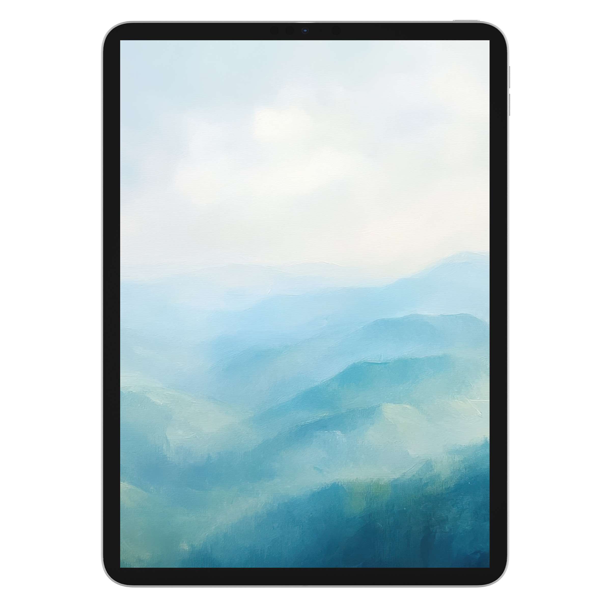 Calming blue watercolor landscape creates an elegant summer iPad wallpaper, perfect digital download for tablet background aesthetics