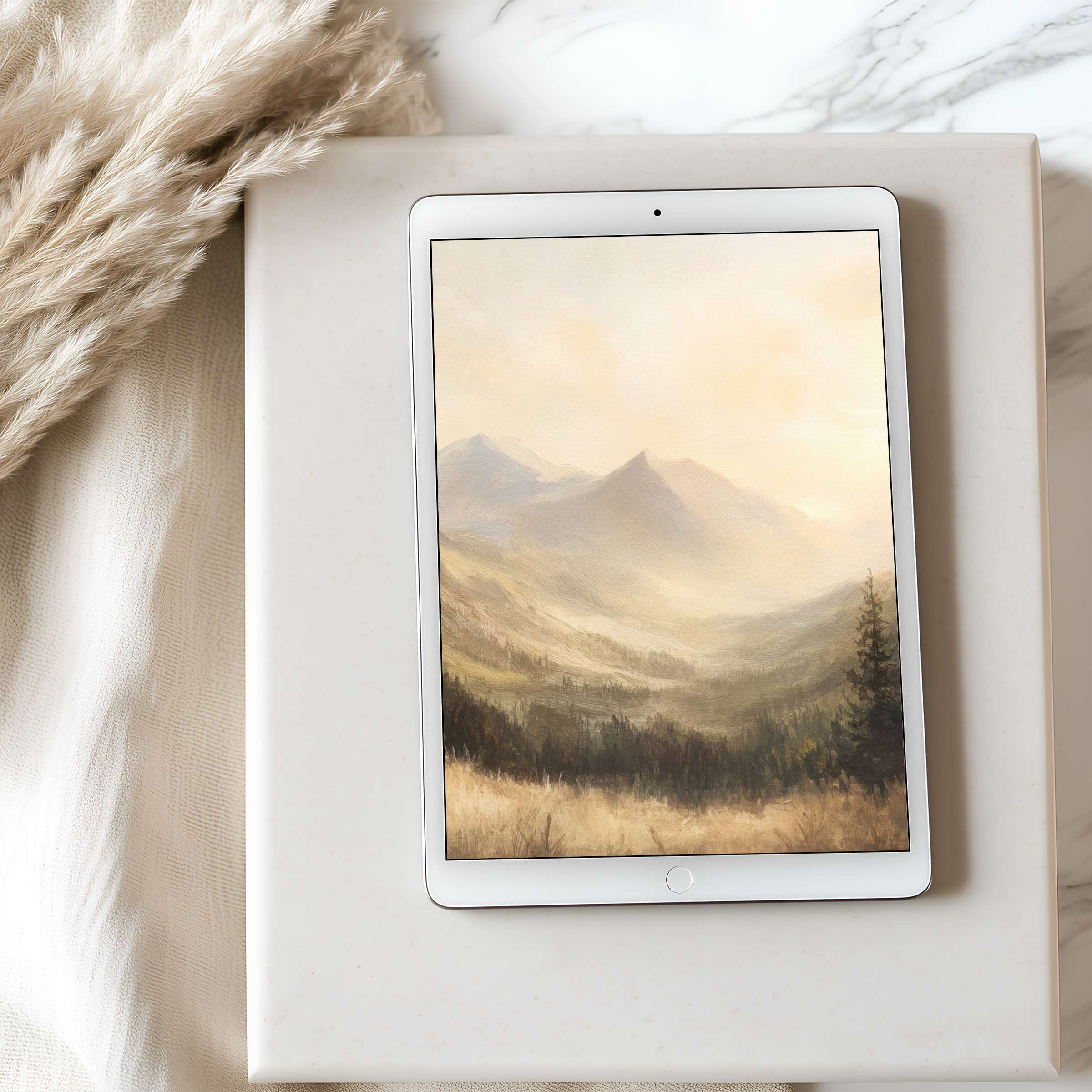 Serene tablet wallpaper with earthy tones and misty mountain view, perfect for a curated high resolution iPad download