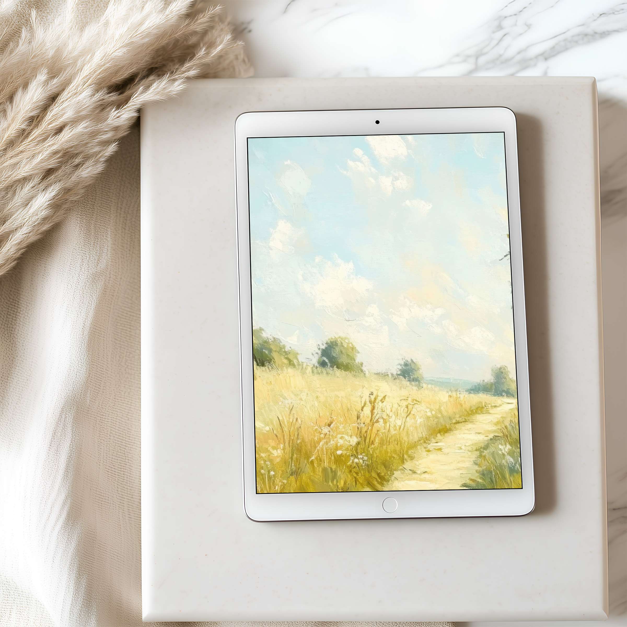 Elegant tablet wallpaper featuring a serene, high resolution landscape with soft blue skies and golden fields, perfect for digital download