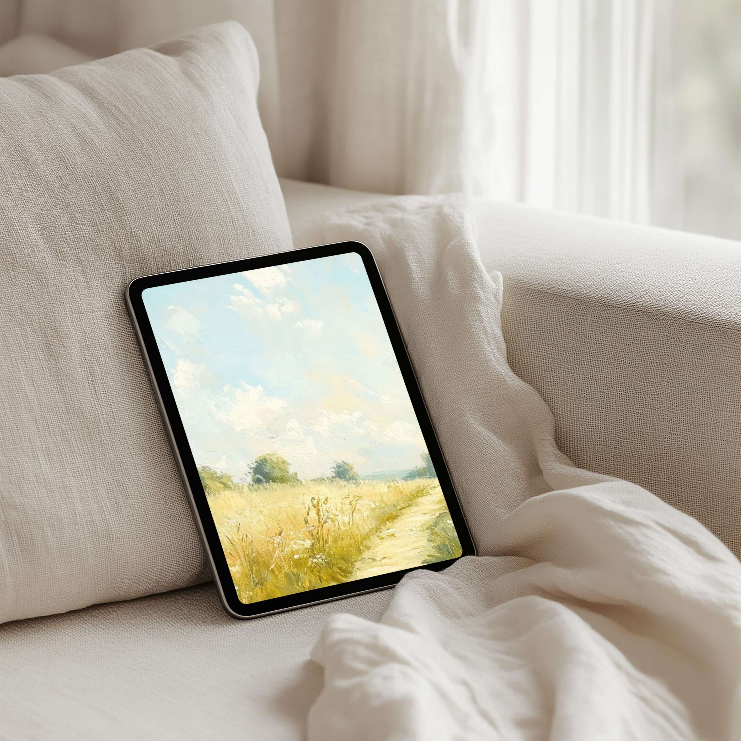 Elegant iPad background showcasing serene countryside in soft pastels evokes mindfulness and calm perfect for instant download on tablet