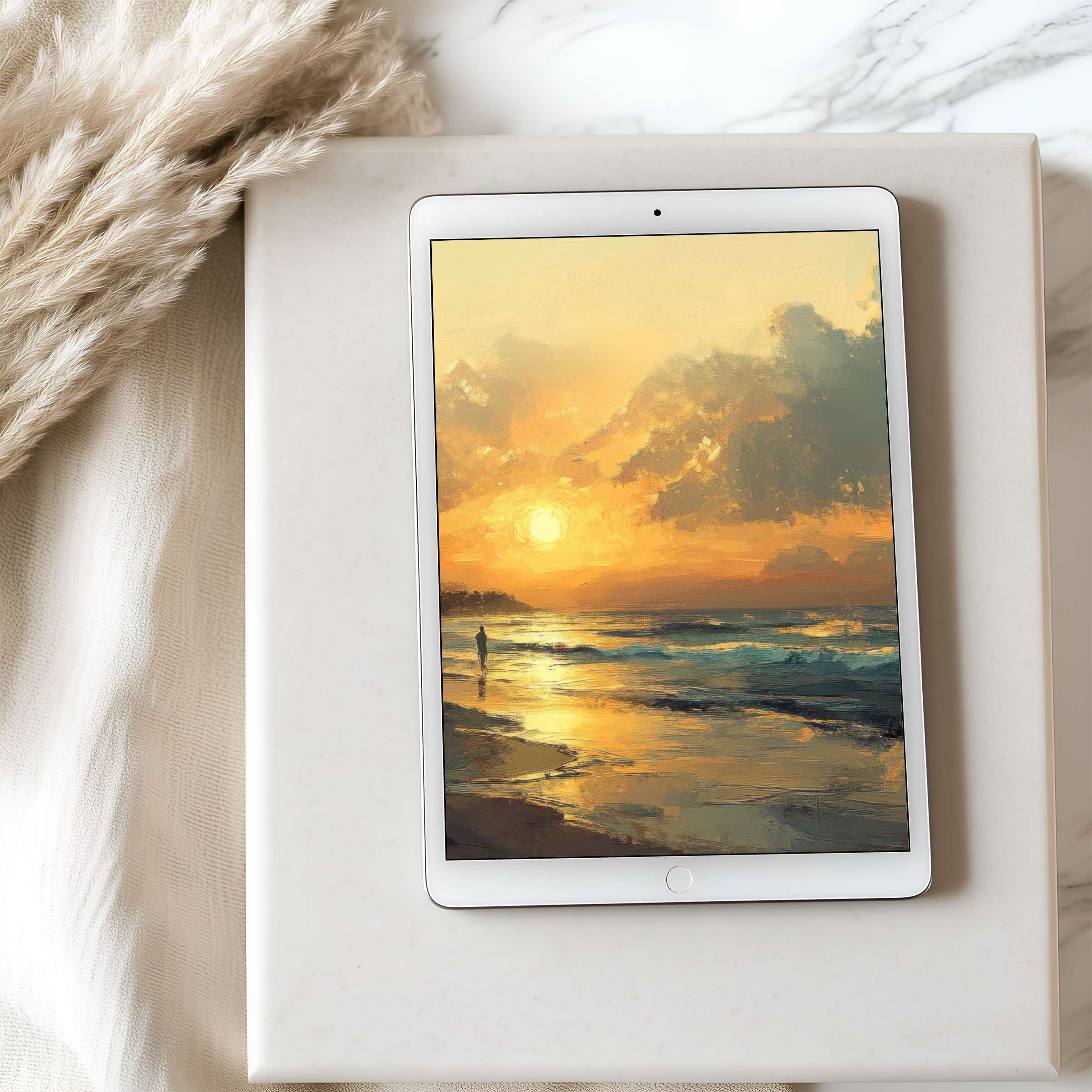 Tranquil sunset beach scene tablet wallpaper in high resolution, blending elegant warm tones; perfect for iPad or Android downloads