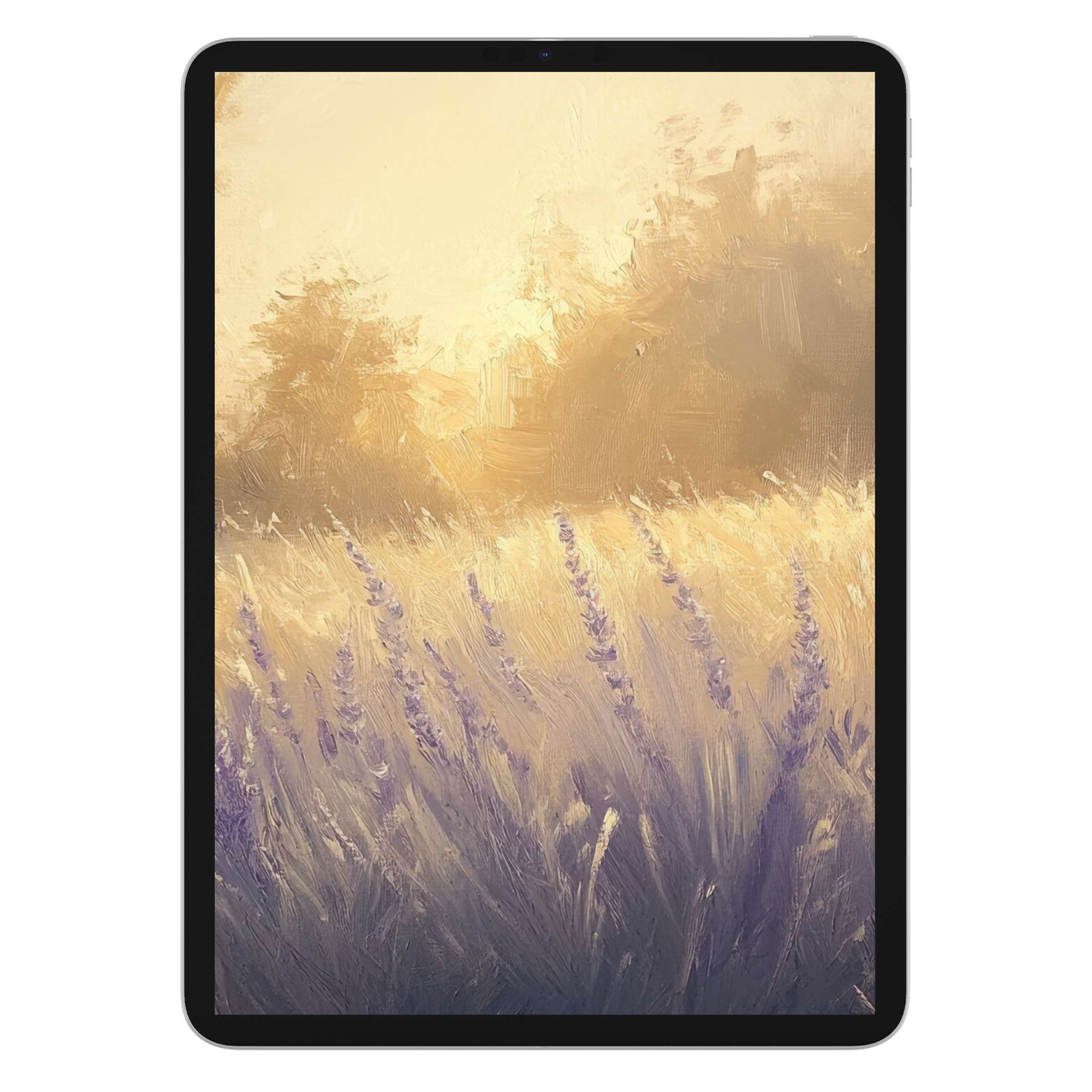 Elegant summer iPad wallpaper captures a serene lavender field in golden light, perfect digital download for calming tablet background