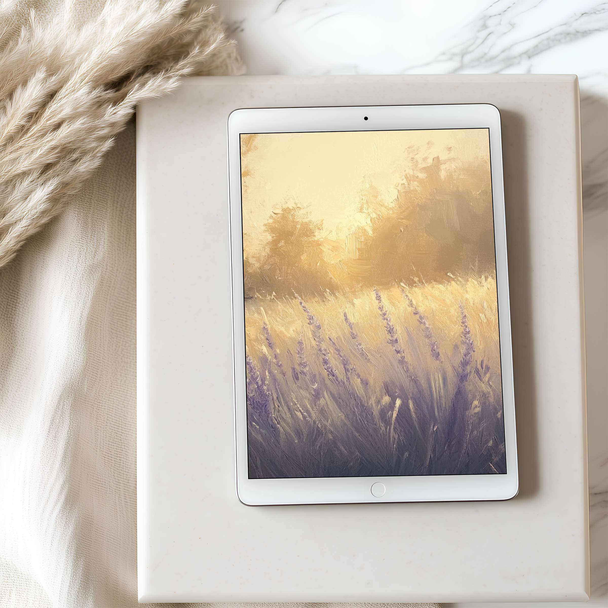 Elegant tablet wallpaper showcasing a serene lavender field at sunrise, perfect for high resolution display on iPad, ready for digital download